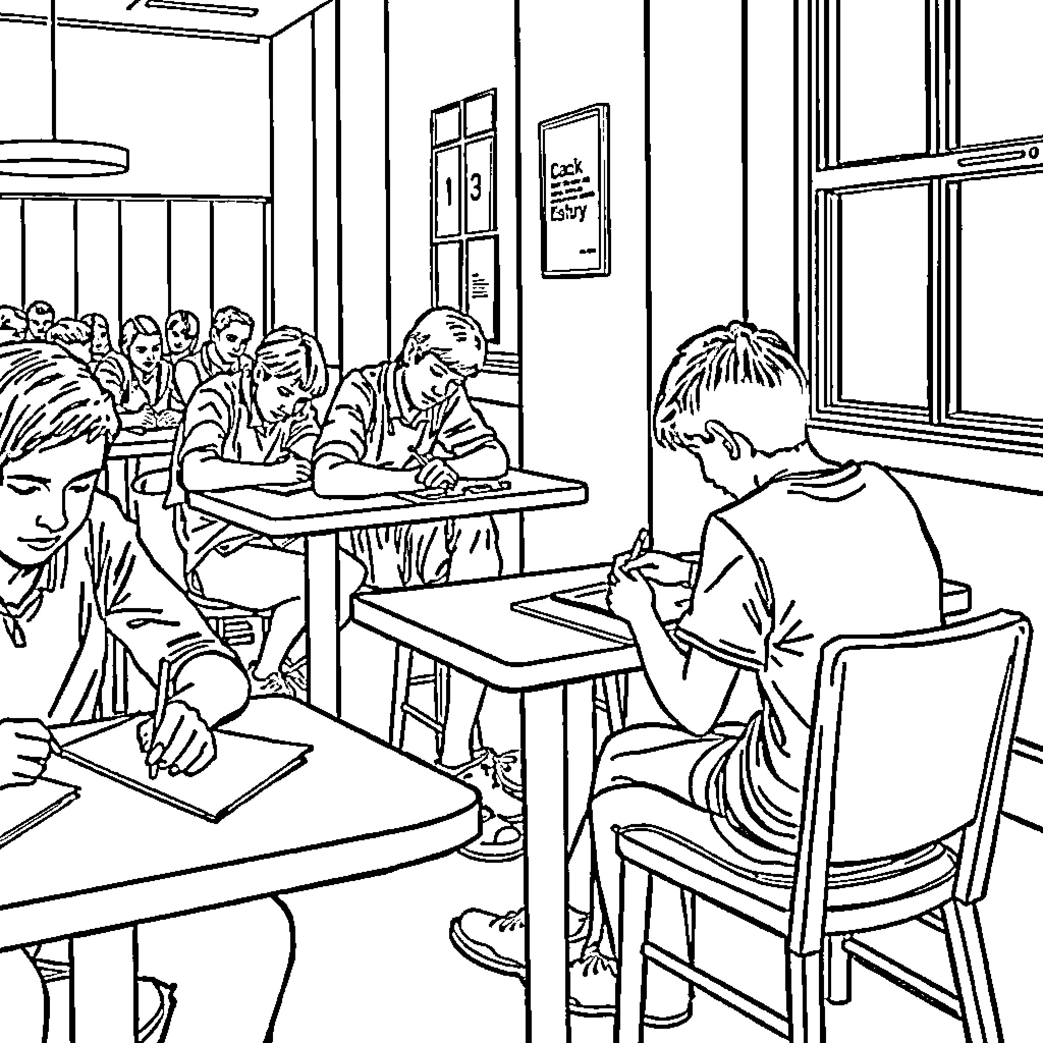 Students Studying Intently in Classroom Coloring Page (free black-and-white line drawing printable PDF for all, from beginners to advanced learners, including children, teens, adults, and seniors)