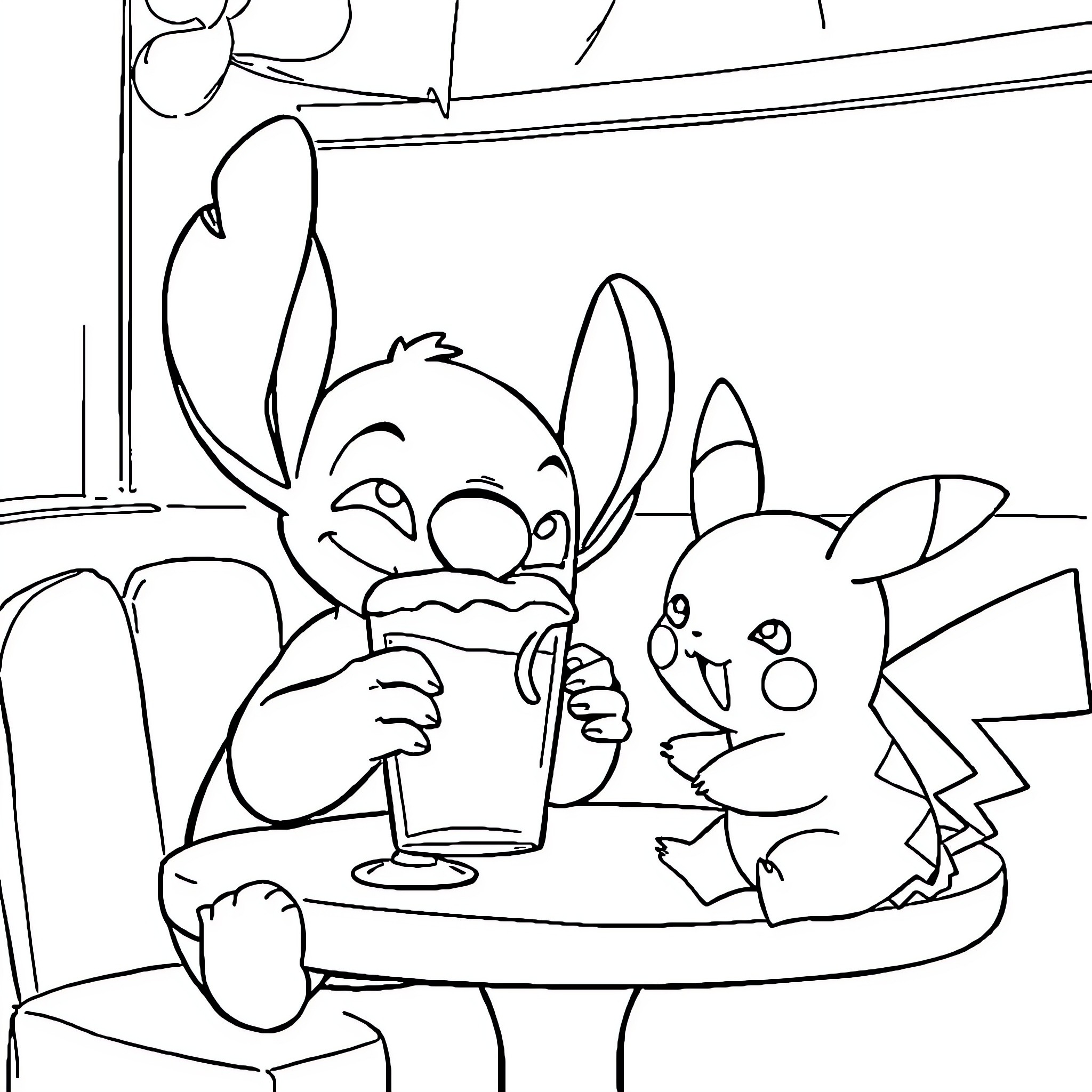 Stitch and Pikachu enjoying a snack together Coloring Page (free black-and-white line drawing printable PDF for all, from beginners to advanced learners, including children, teens, adults, and seniors)