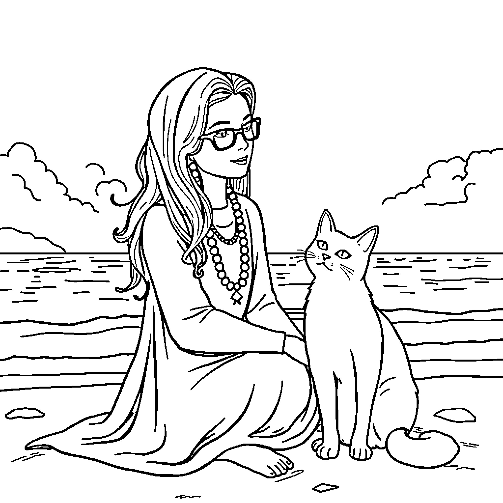 Rumi enjoying a peaceful moment by the sea with her feline companion Coloring Page (free black-and-white line drawing printable PDF for all, from beginners to advanced learners, including children, teens, adults, and seniors)