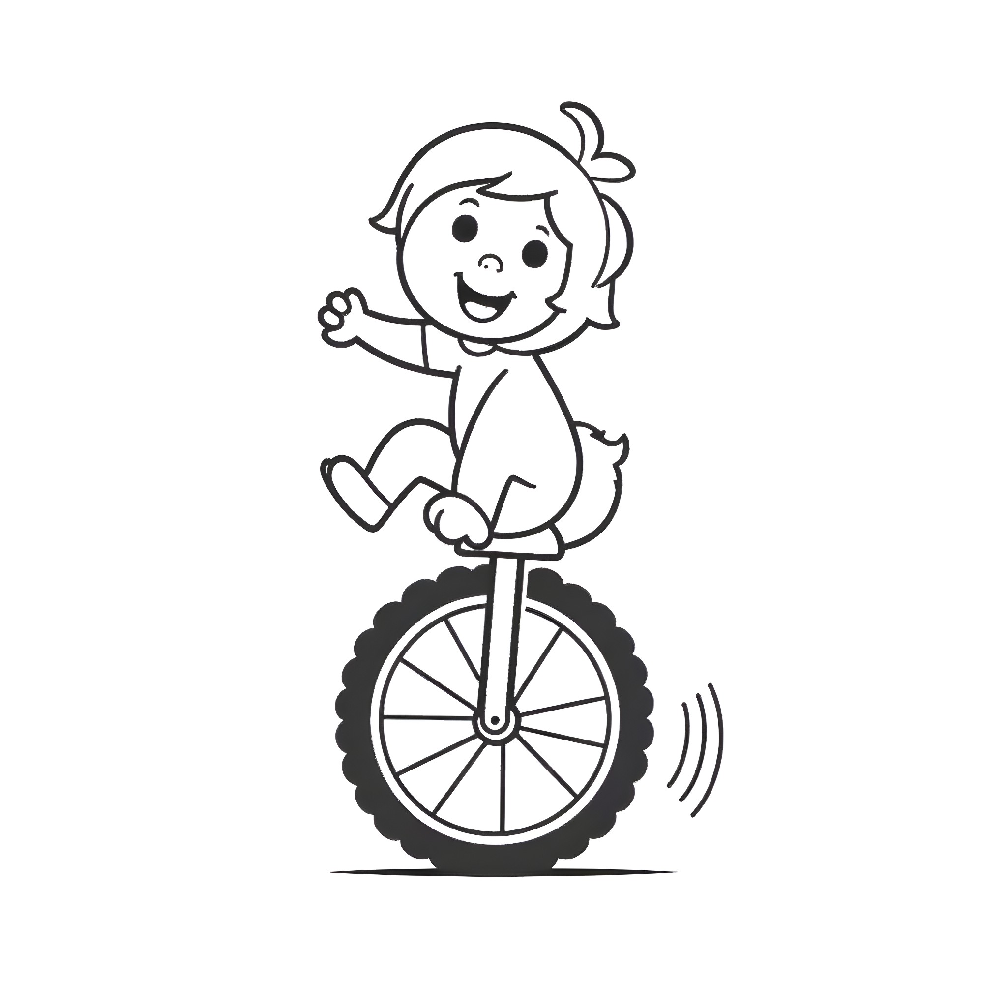 Bluey riding a unicycle happily Coloring Page (free black-and-white line drawing printable PDF for all, from beginners to advanced learners, including children, teens, adults, and seniors)