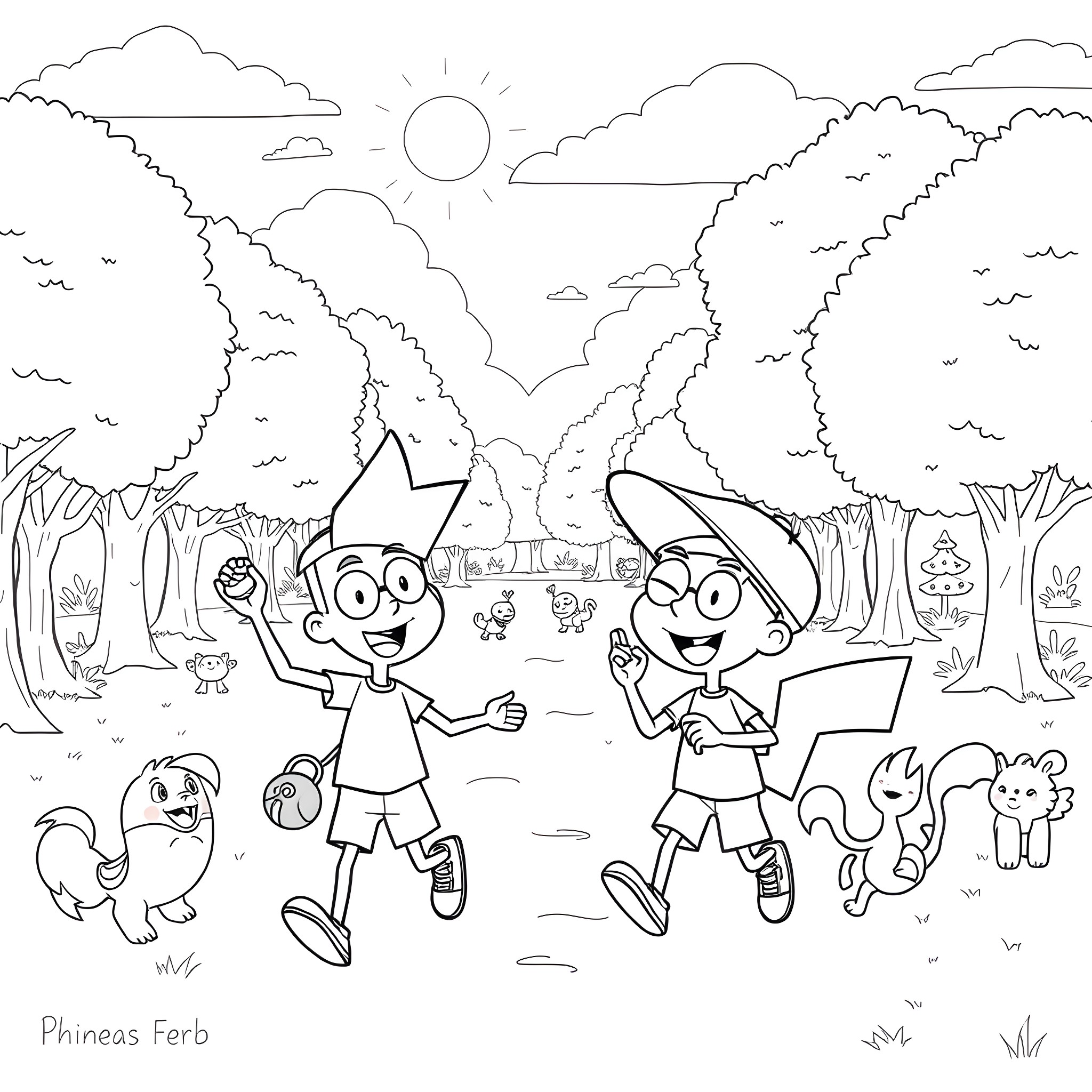 Phineas and Ferb's Adventure in the Enchanting Forest Coloring Page (free black-and-white line drawing printable PDF for all, from beginners to advanced learners, including children, teens, adults, and seniors)
