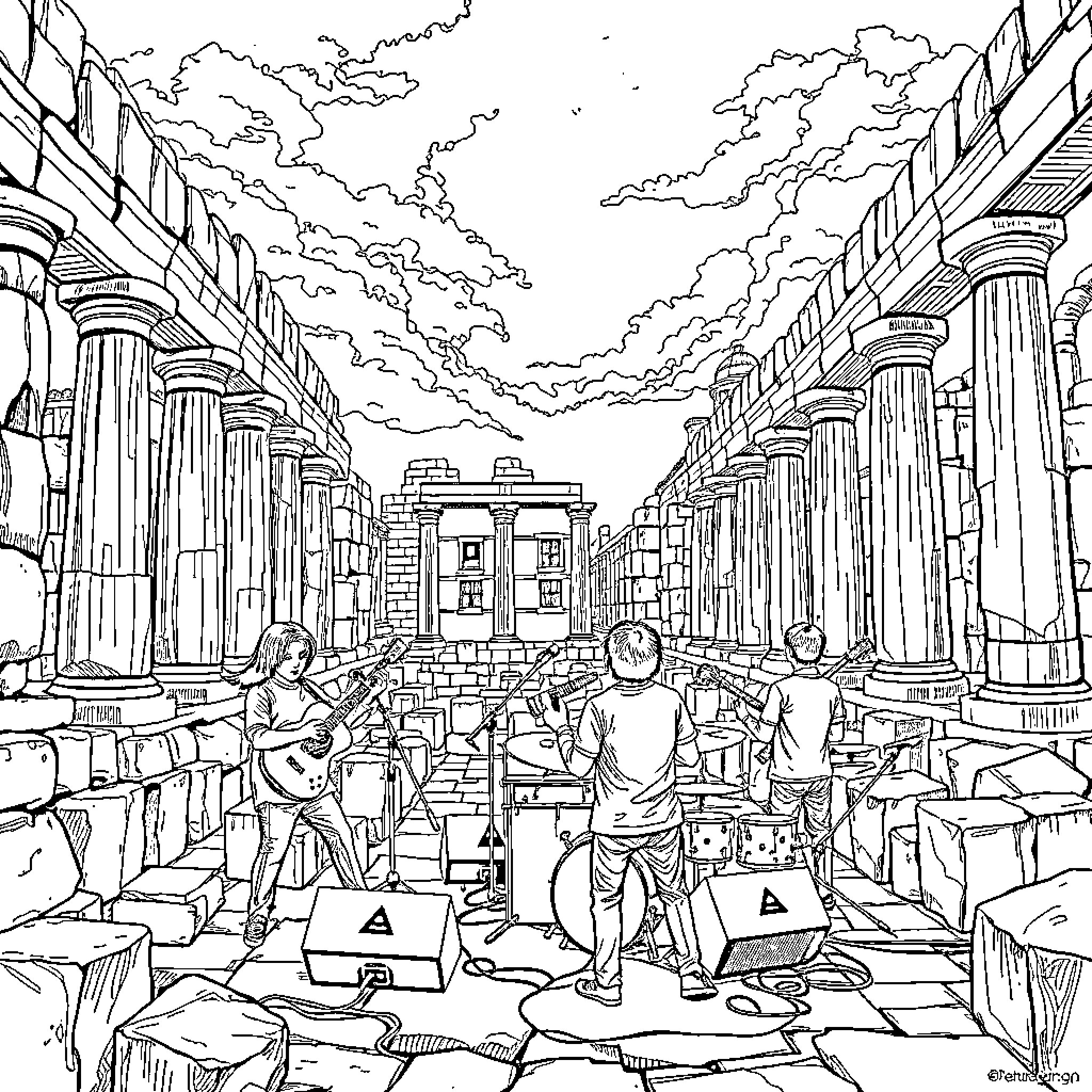 Pink Floyd performing in ancient Greek ruins Coloring Page (free black-and-white line drawing printable PDF for all, from beginners to advanced learners, including children, teens, adults, and seniors)