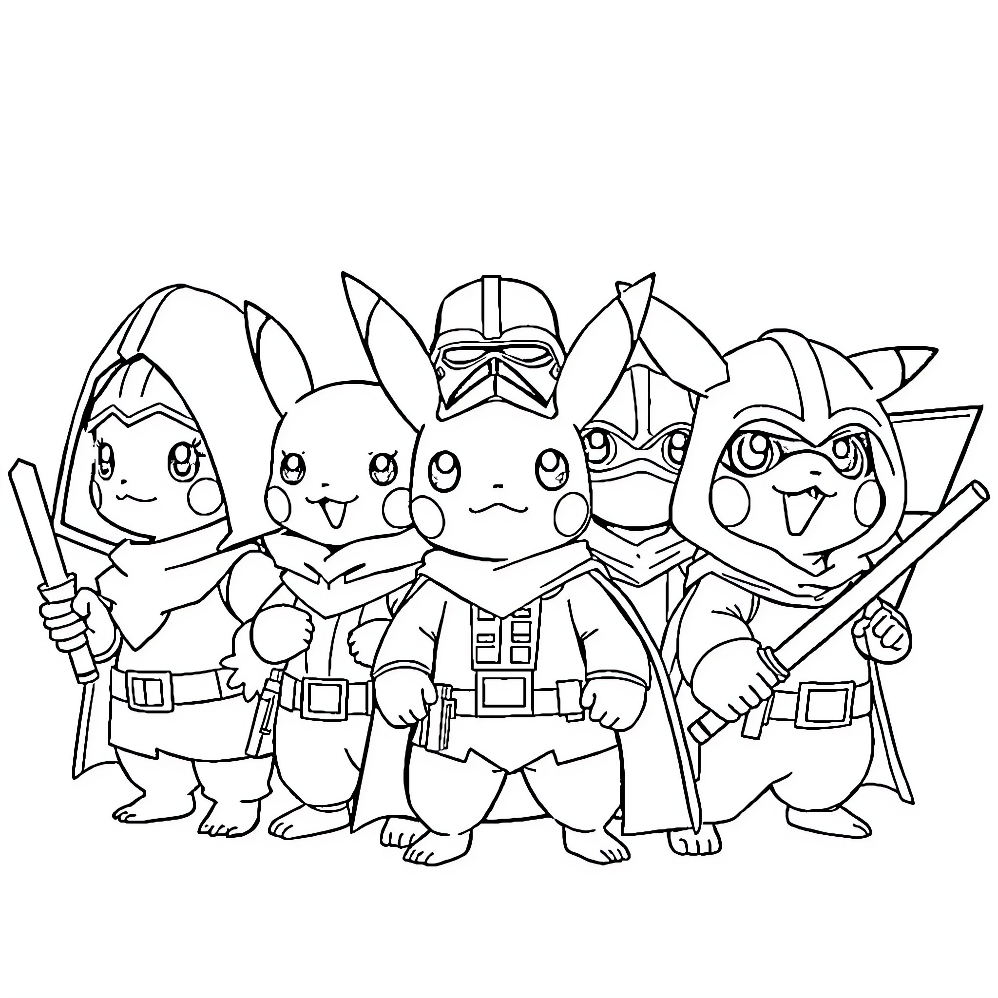 Pokémon characters in warrior outfits posing together Coloring Page (free black-and-white line drawing printable PDF for all, from beginners to advanced learners, including children, teens, adults, and seniors)