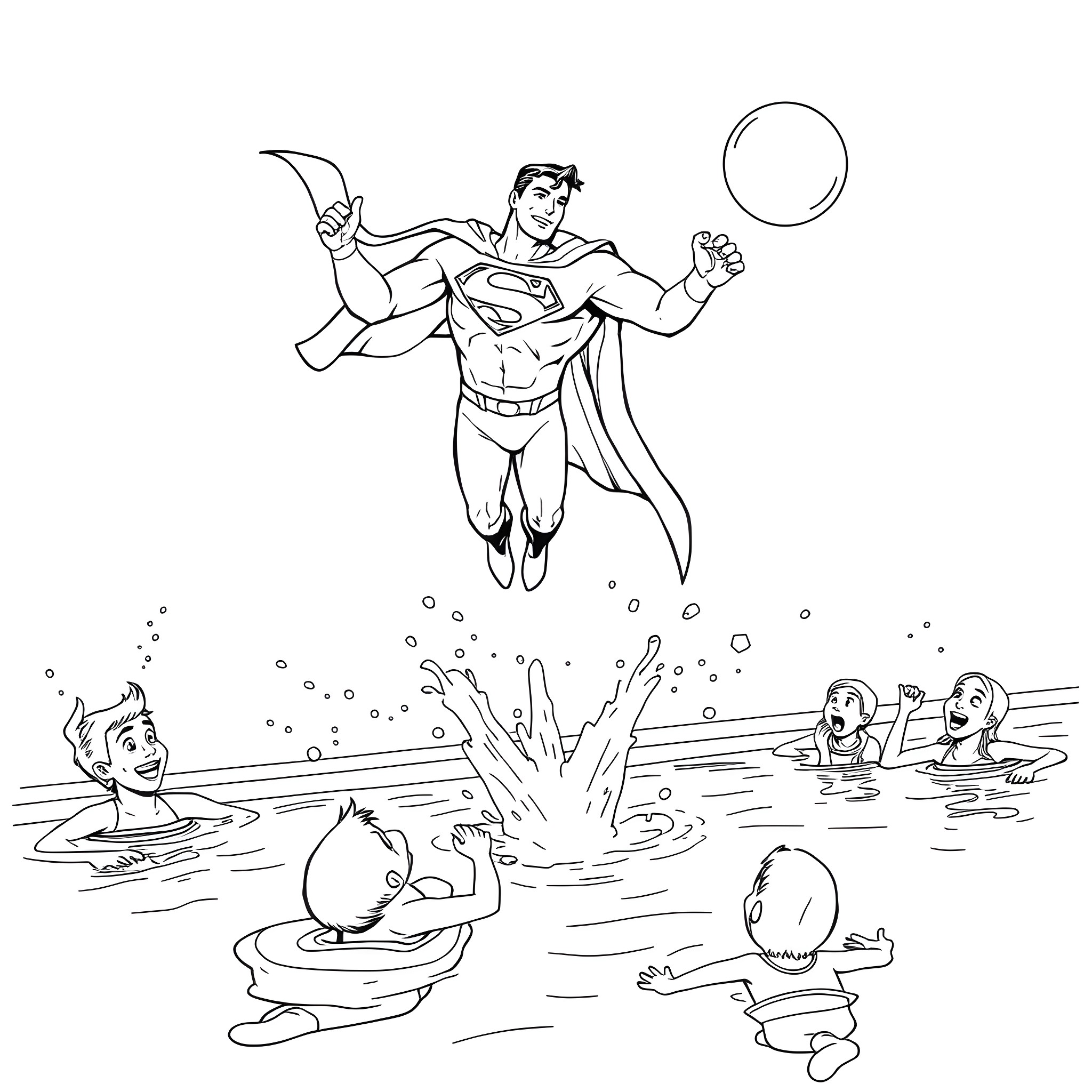 Superman Leaping into Action with Friends Swimming Coloring Page (free black-and-white line drawing printable PDF for all, from beginners to advanced learners, including children, teens, adults, and seniors)