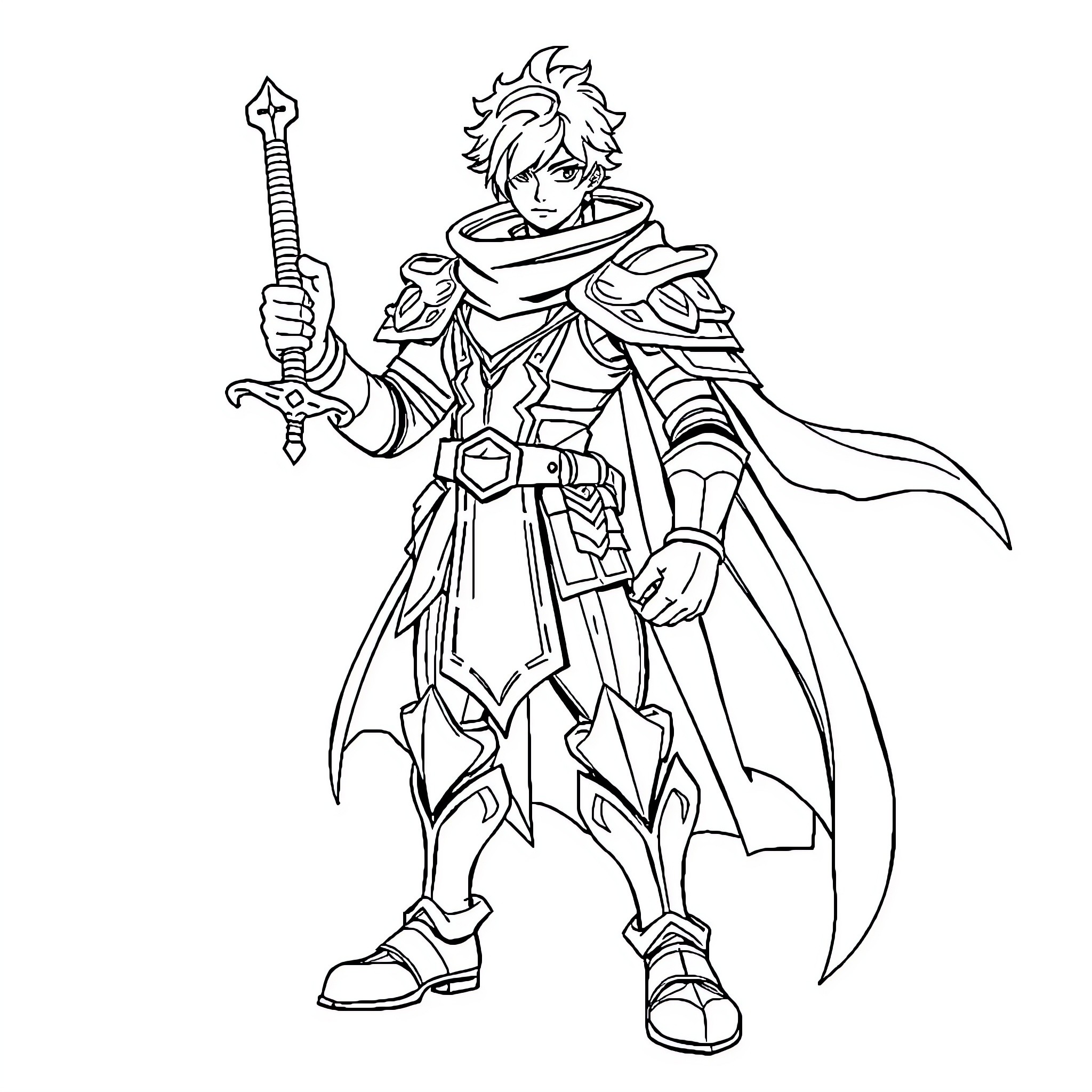 Hero in Armored Fantasy Attire with Sword Coloring Page (free black-and-white line drawing printable PDF for all, from beginners to advanced learners, including children, teens, adults, and seniors)