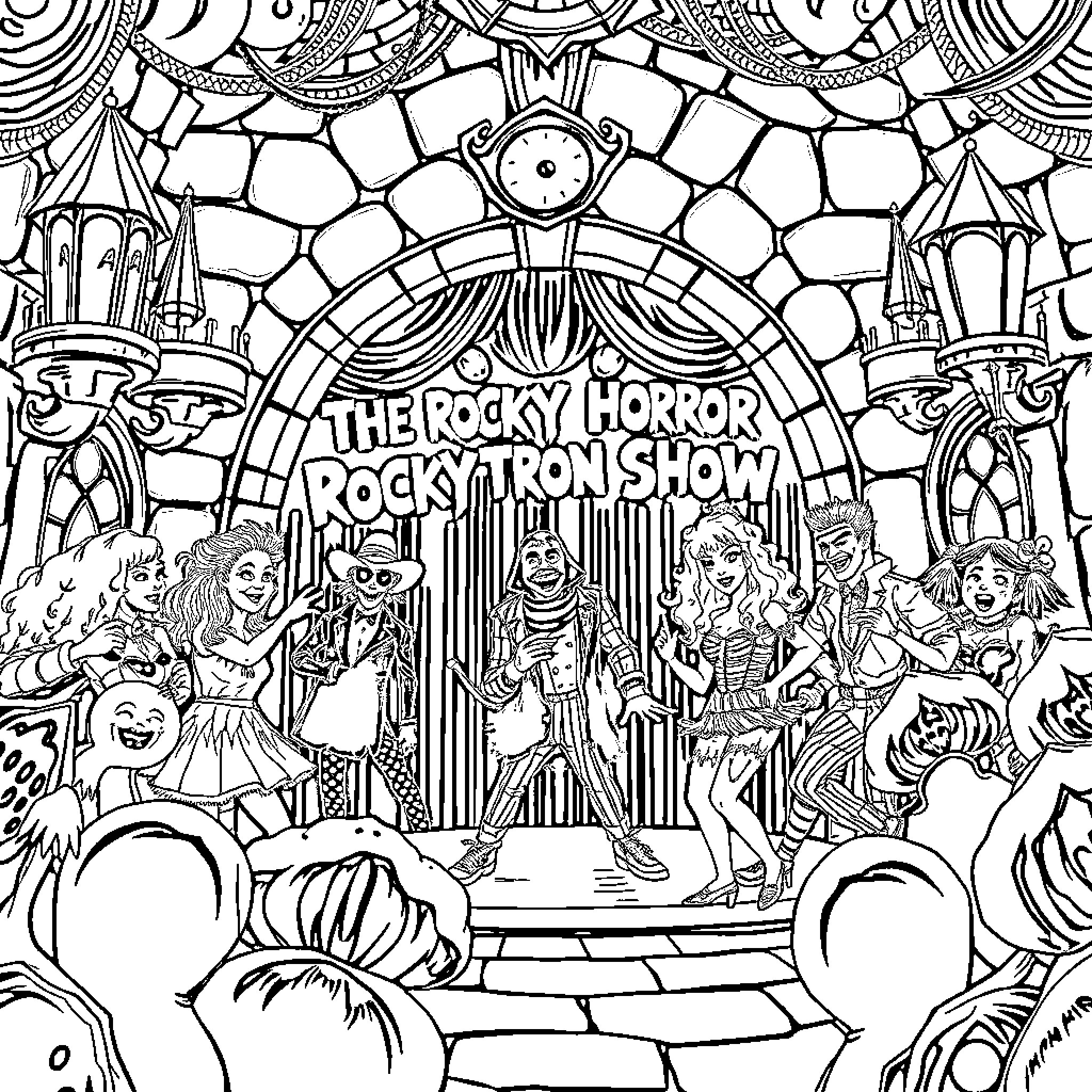 Rocky Horror Picture Show: Lively characters in eccentric costumes Coloring Page (free black-and-white line drawing printable PDF for all, from beginners to advanced learners, including children, teens, adults, and seniors)