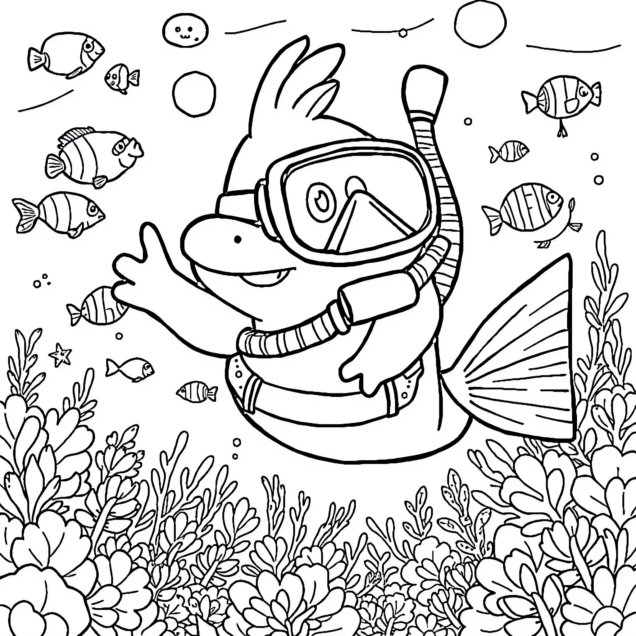 Munchlax enjoying underwater snorkeling adventure Coloring Page (free black-and-white line drawing printable PDF for all, from beginners to advanced learners, including children, teens, adults, and seniors)