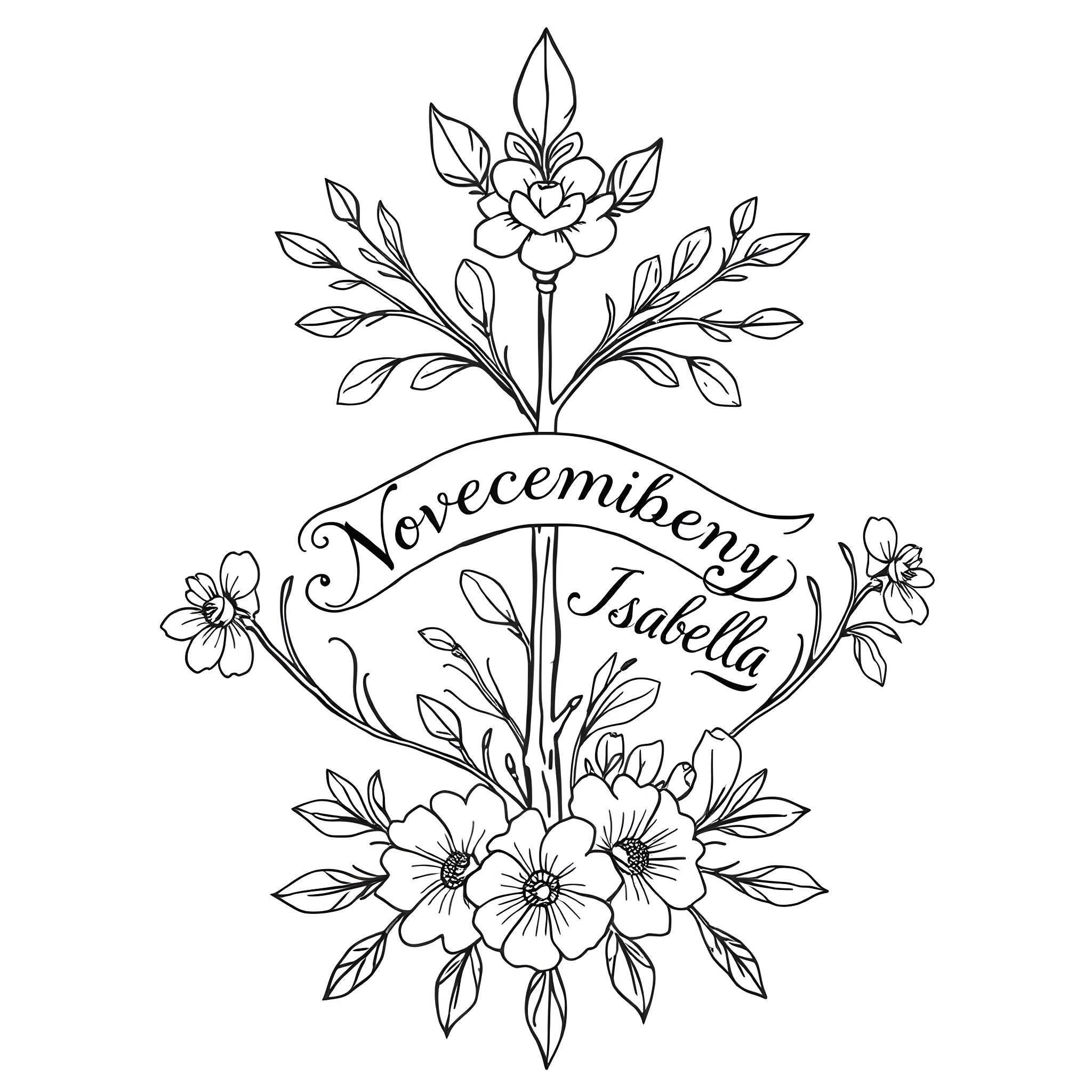 Tattoo with floral designs and name Coloring Page (free black-and-white line drawing printable PDF for all, from beginners to advanced learners, including children, teens, adults, and seniors)