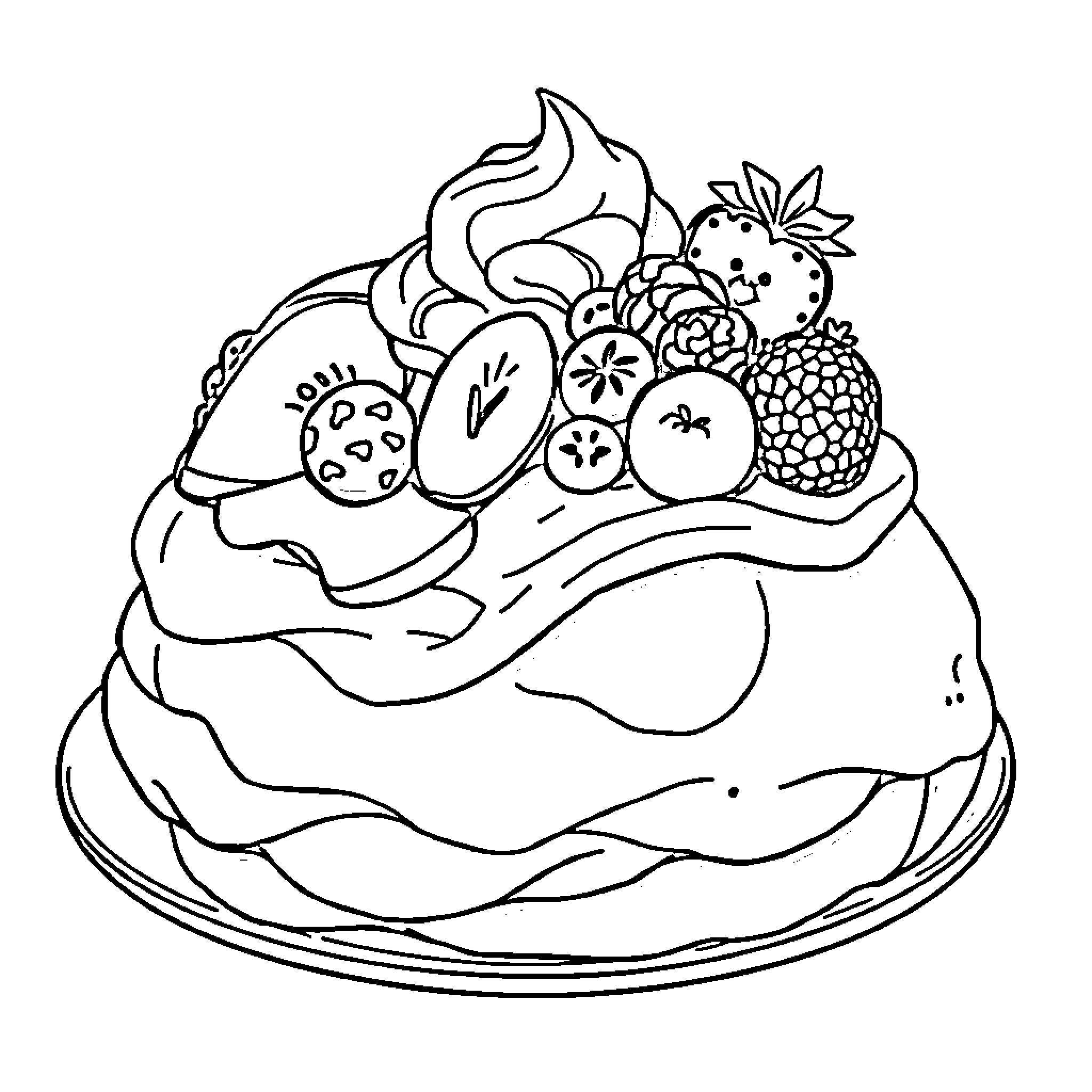 Pavlova with assortment of colorful fruits Coloring Page (free black-and-white line drawing printable PDF for all, from beginners to advanced learners, including children, teens, adults, and seniors)