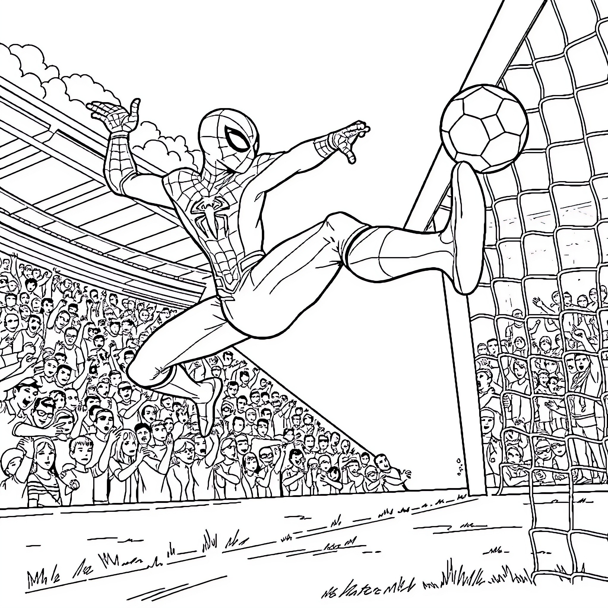 Spiderman's heroic actions on the soccer field Coloring Page (free black-and-white line drawing printable PDF for all, from beginners to advanced learners, including children, teens, adults, and seniors)