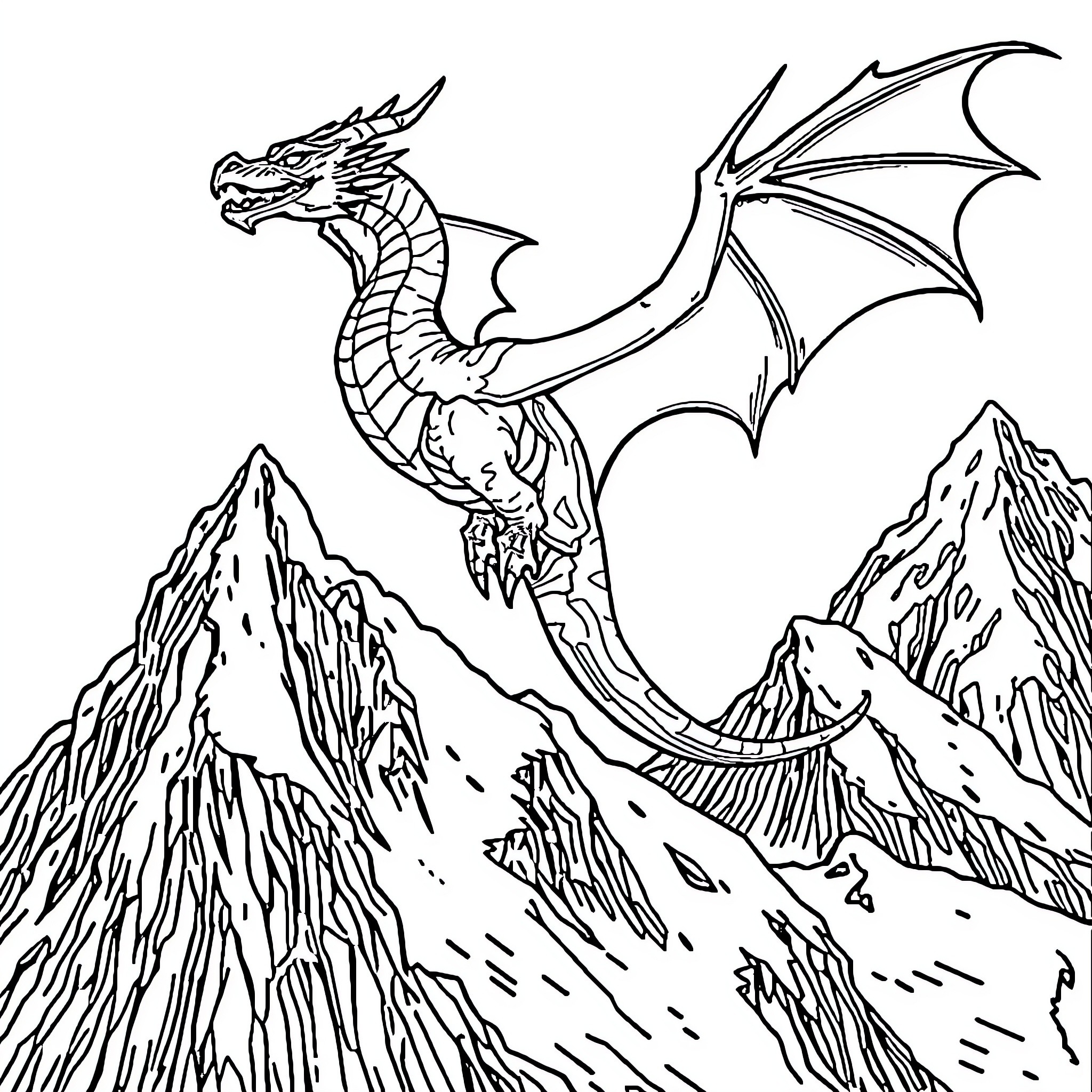 Dragon soaring over majestic mountain peaks Coloring Page (free black-and-white line drawing printable PDF for all, from beginners to advanced learners, including children, teens, adults, and seniors)