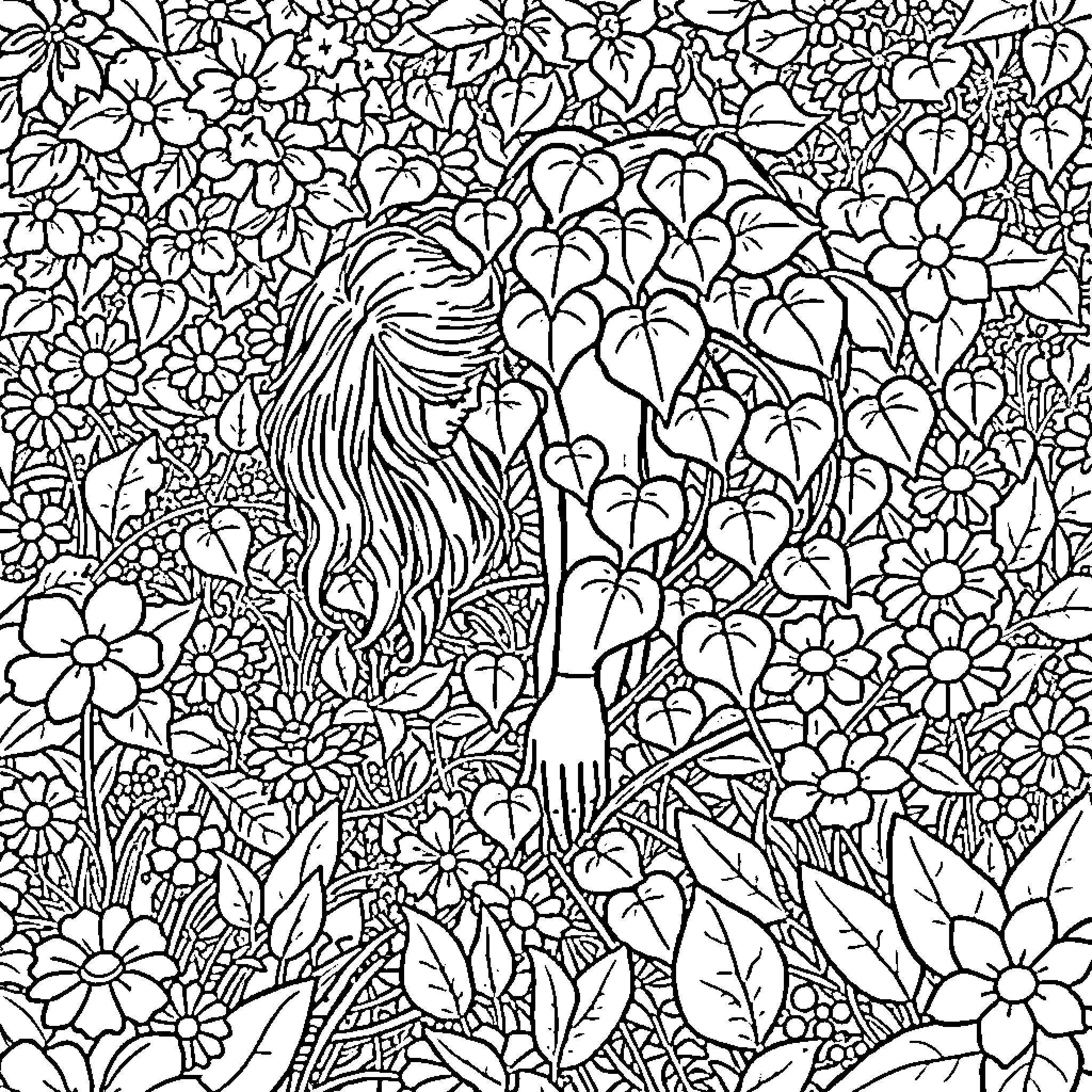 Poison Ivy in a Floral Wonderland Coloring Page (free black-and-white line drawing printable PDF for all, from beginners to advanced learners, including children, teens, adults, and seniors)