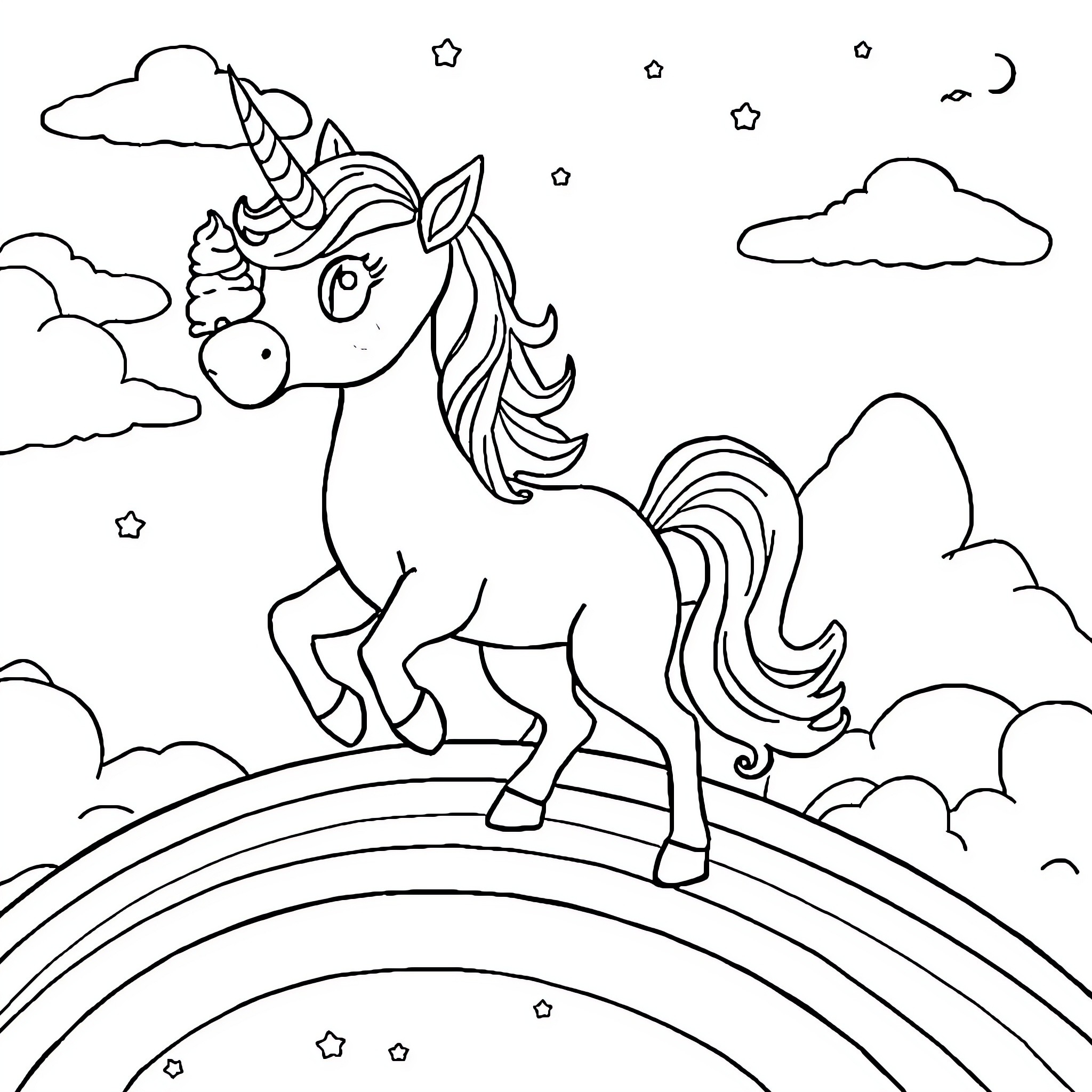 Unicorn standing on a rainbow under the starry sky Coloring Page (free black-and-white line drawing printable PDF for all, from beginners to advanced learners, including children, teens, adults, and seniors)