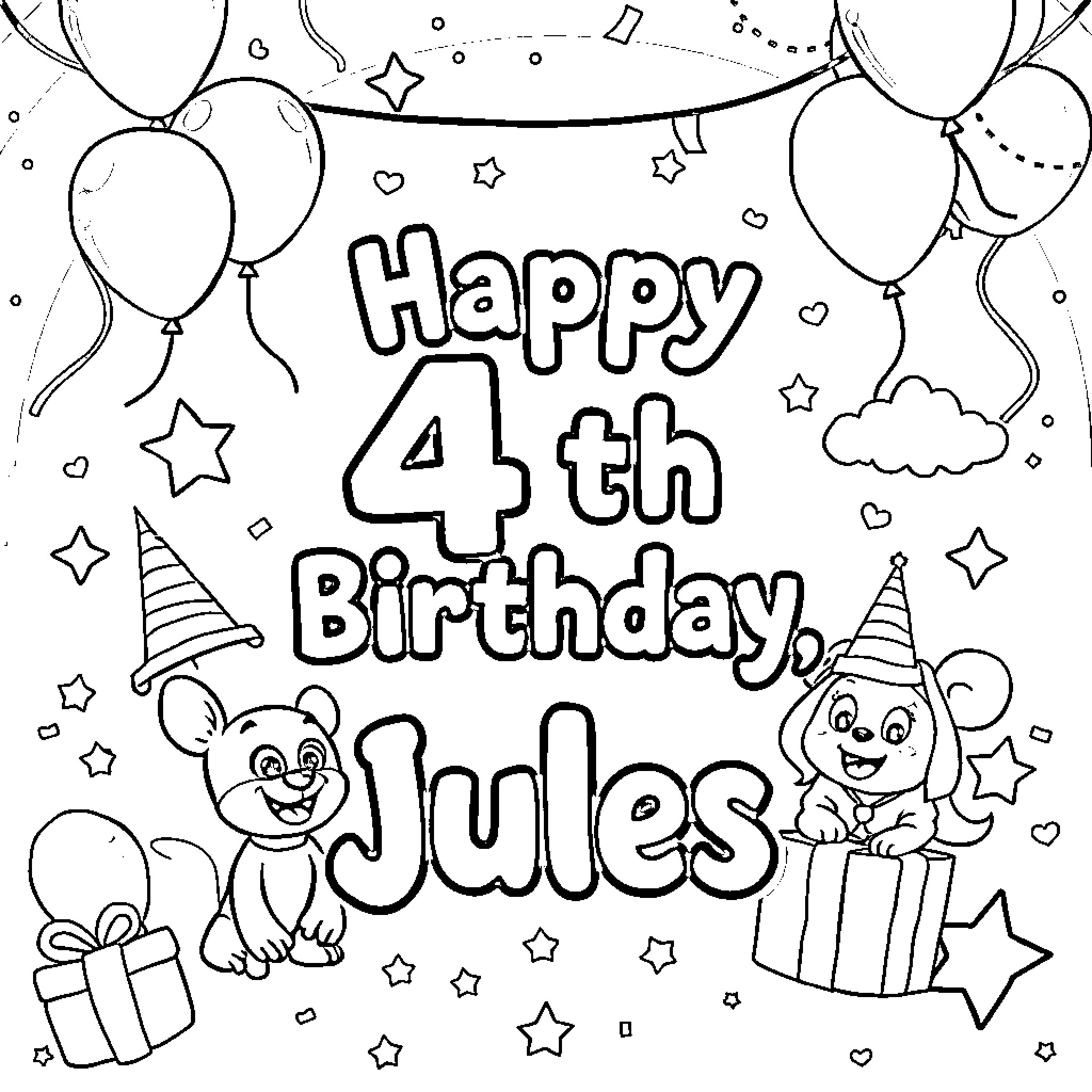 Cartoon image of 4th birthday party with balloons and animals Coloring Page (free black-and-white line drawing printable PDF for all, from beginners to advanced learners, including children, teens, adults, and seniors)