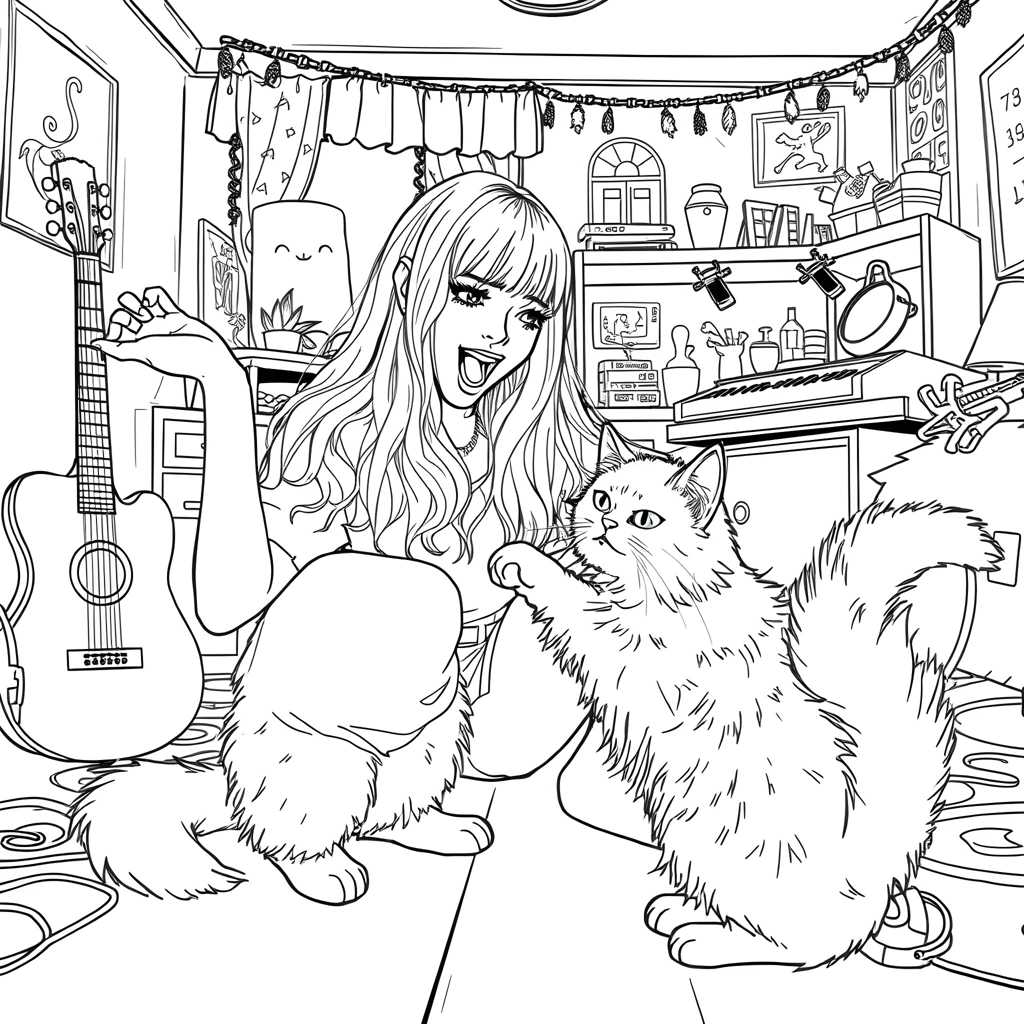 Billie Eilish posing with her beloved pet cats in a cozy room Coloring Page (free black-and-white line drawing printable PDF for all, from beginners to advanced learners, including children, teens, adults, and seniors)