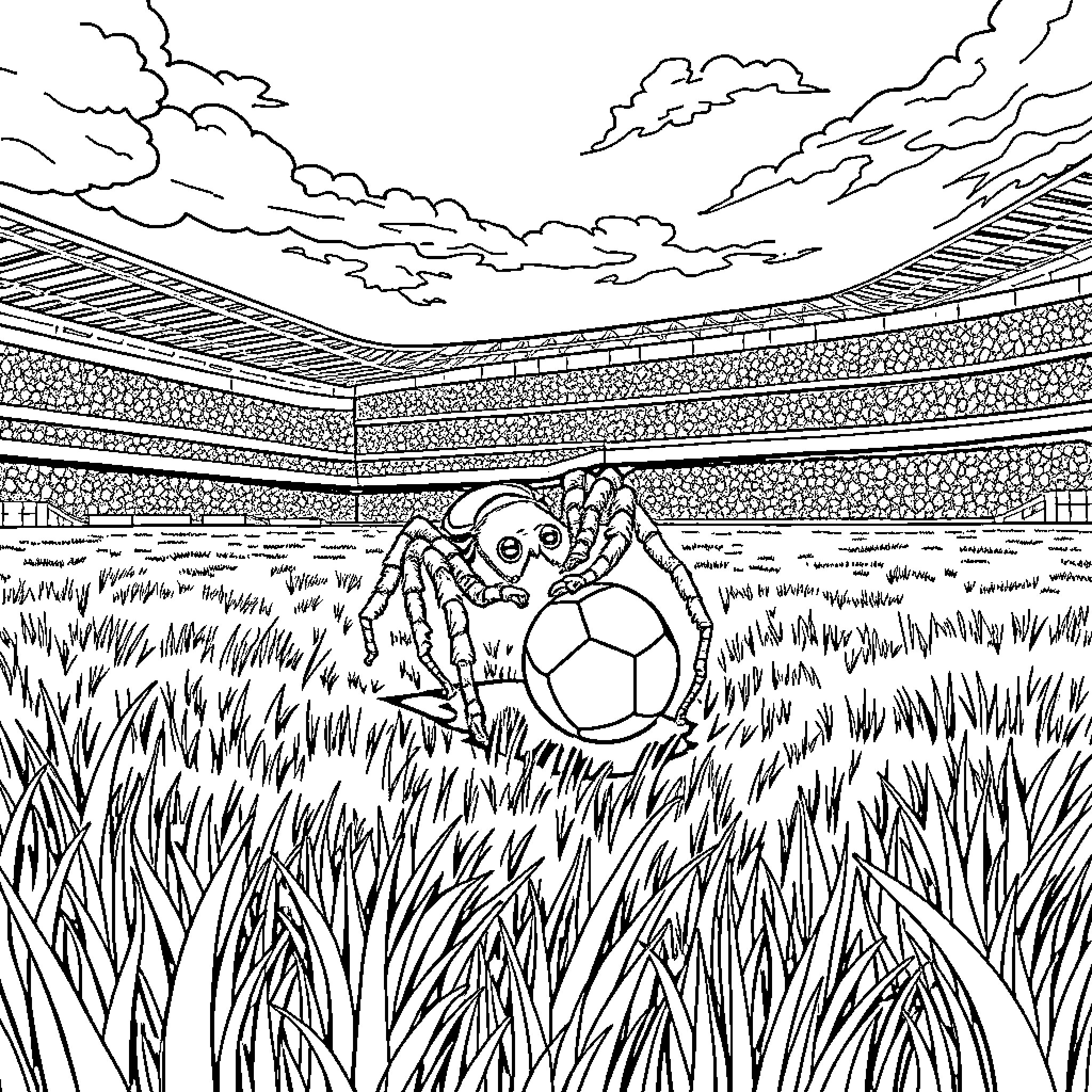 Spider Playing with Soccer Ball in Field Coloring Page (free black-and-white line drawing printable PDF for all, from beginners to advanced learners, including children, teens, adults, and seniors)