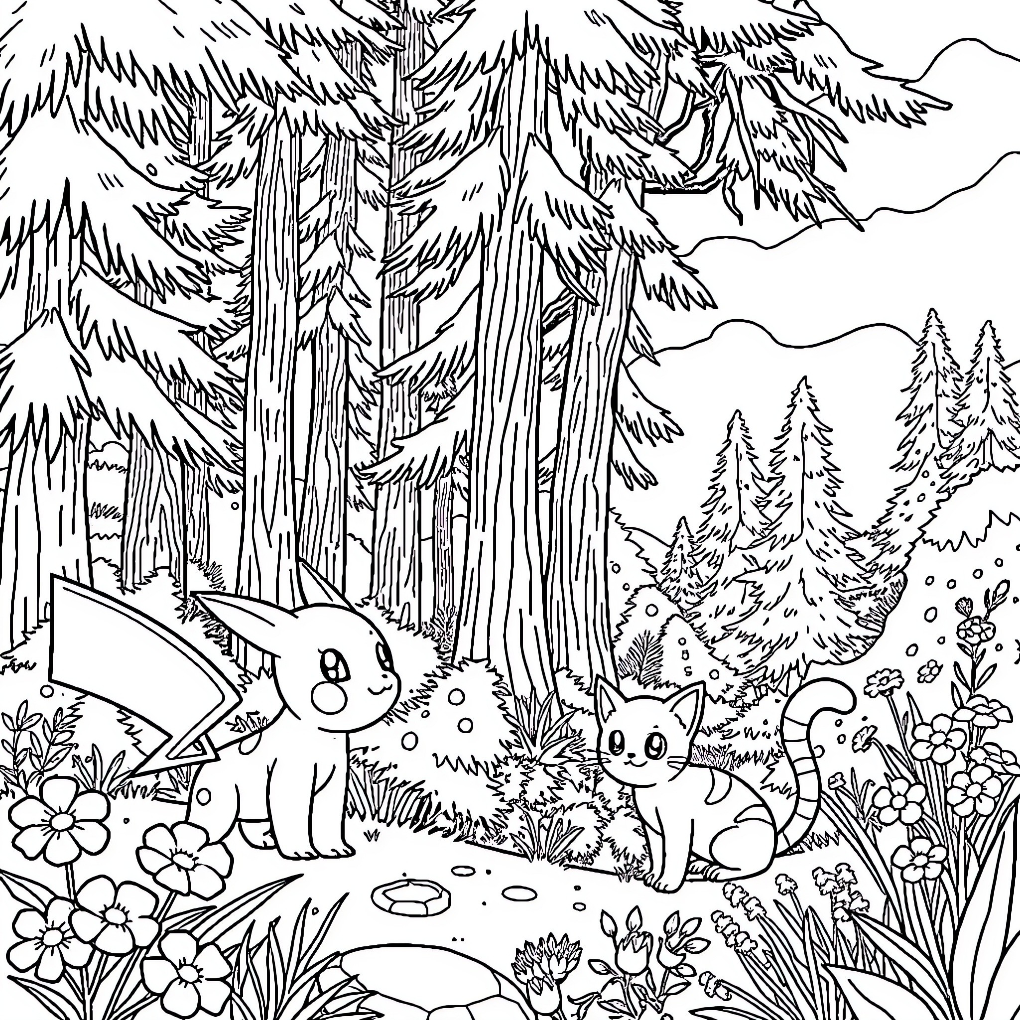 Pokémon exploring the enchanted forest Coloring Page (free black-and-white line drawing printable PDF for all, from beginners to advanced learners, including children, teens, adults, and seniors)