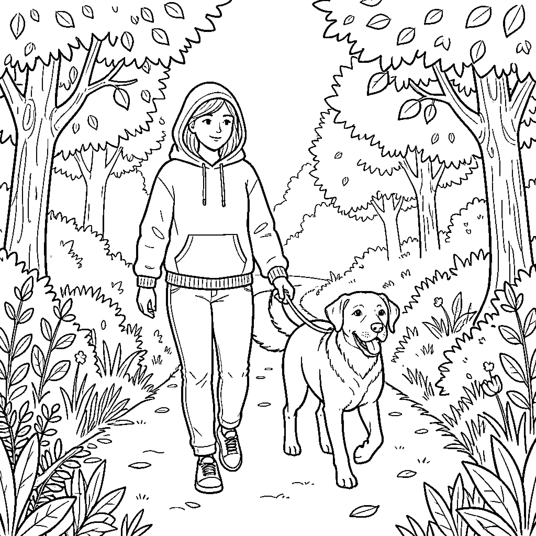 Woman walking her dog in the autumn forest Coloring Page (free black-and-white line drawing printable PDF for all, from beginners to advanced learners, including children, teens, adults, and seniors)