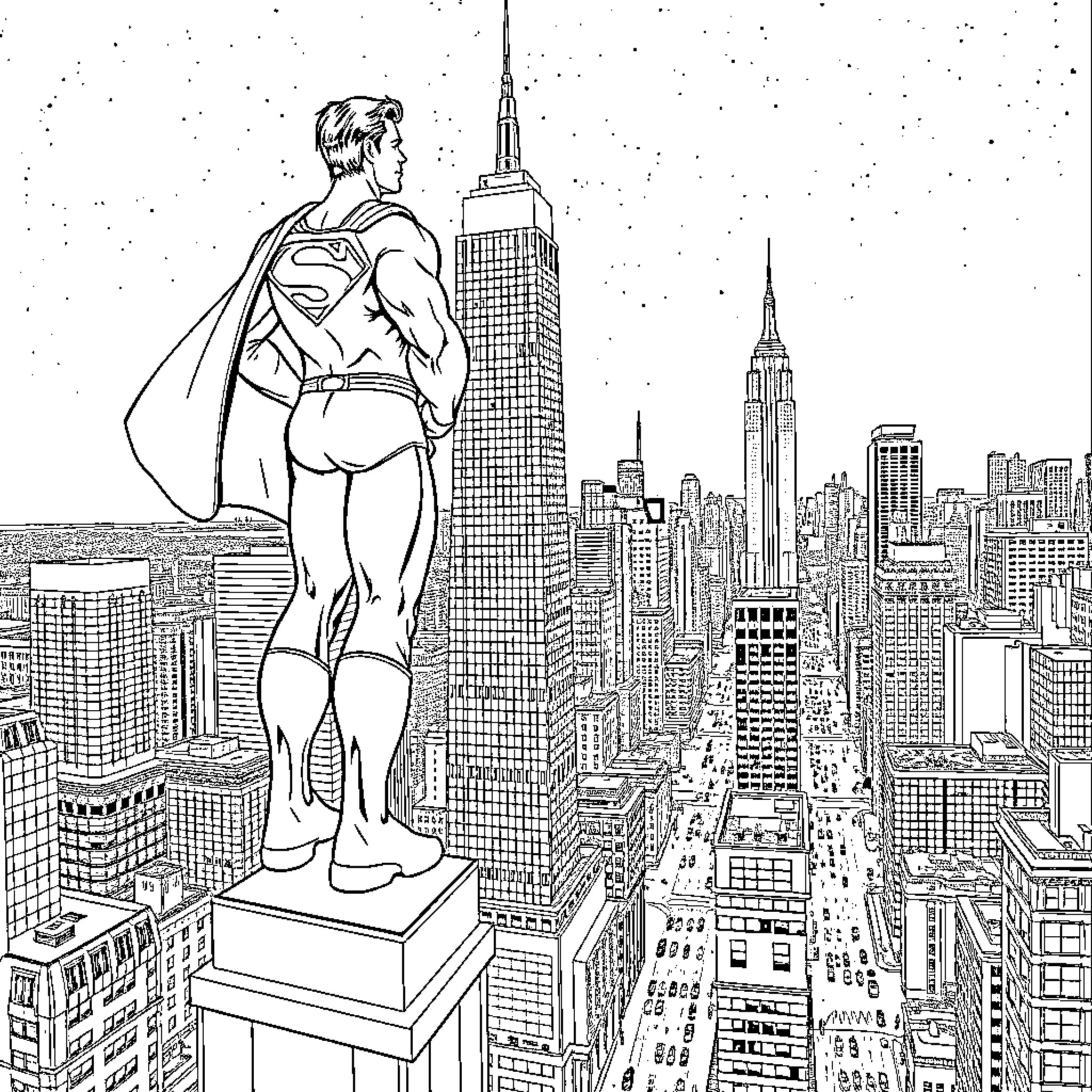 Superman observing the city skyline from a high vantage point Coloring Page (free black-and-white line drawing printable PDF for all, from beginners to advanced learners, including children, teens, adults, and seniors)
