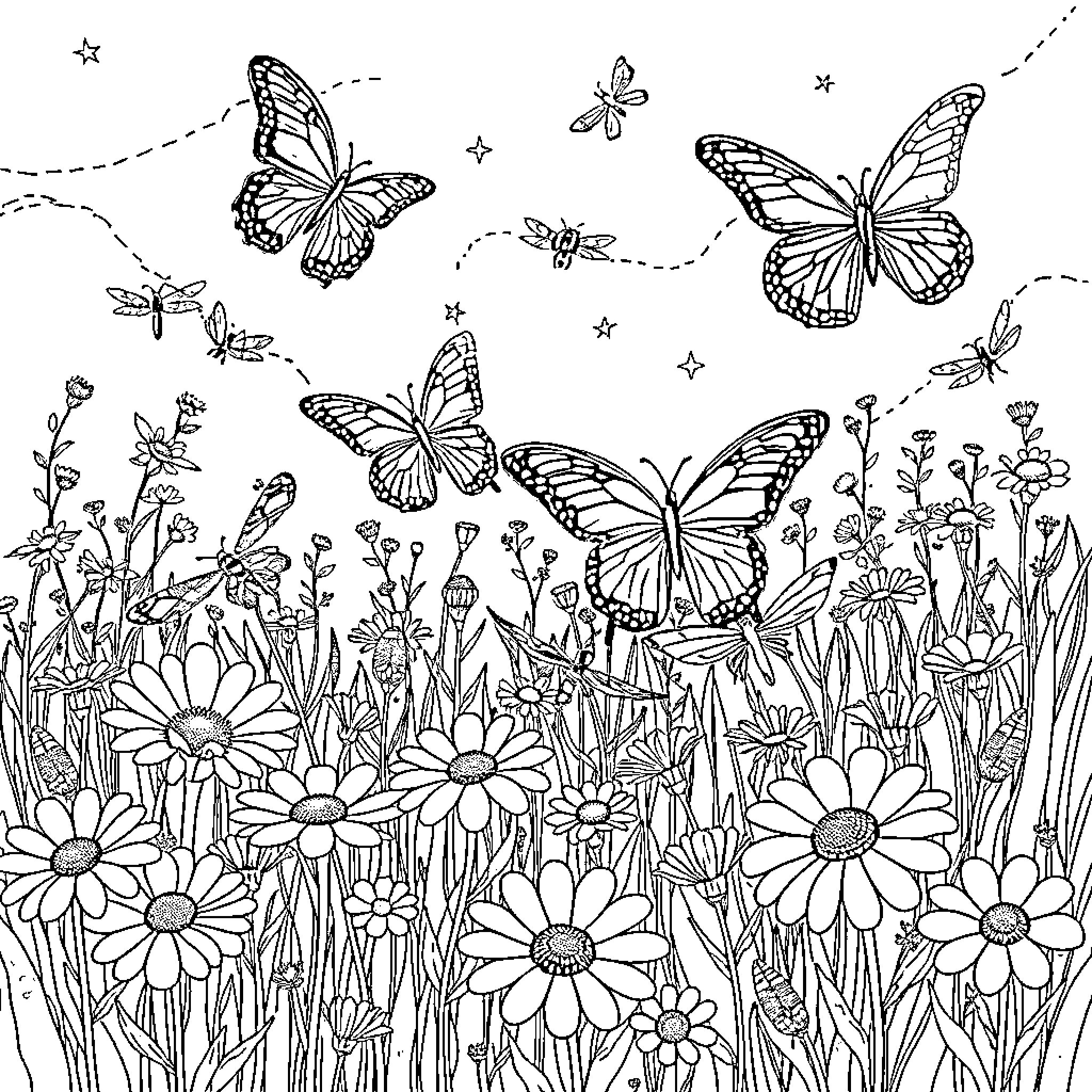 Butterfly Garden with Vibrant Flowers and Fluttering Creatures Coloring Page (free black-and-white line drawing printable PDF for all, from beginners to advanced learners, including children, teens, adults, and seniors)