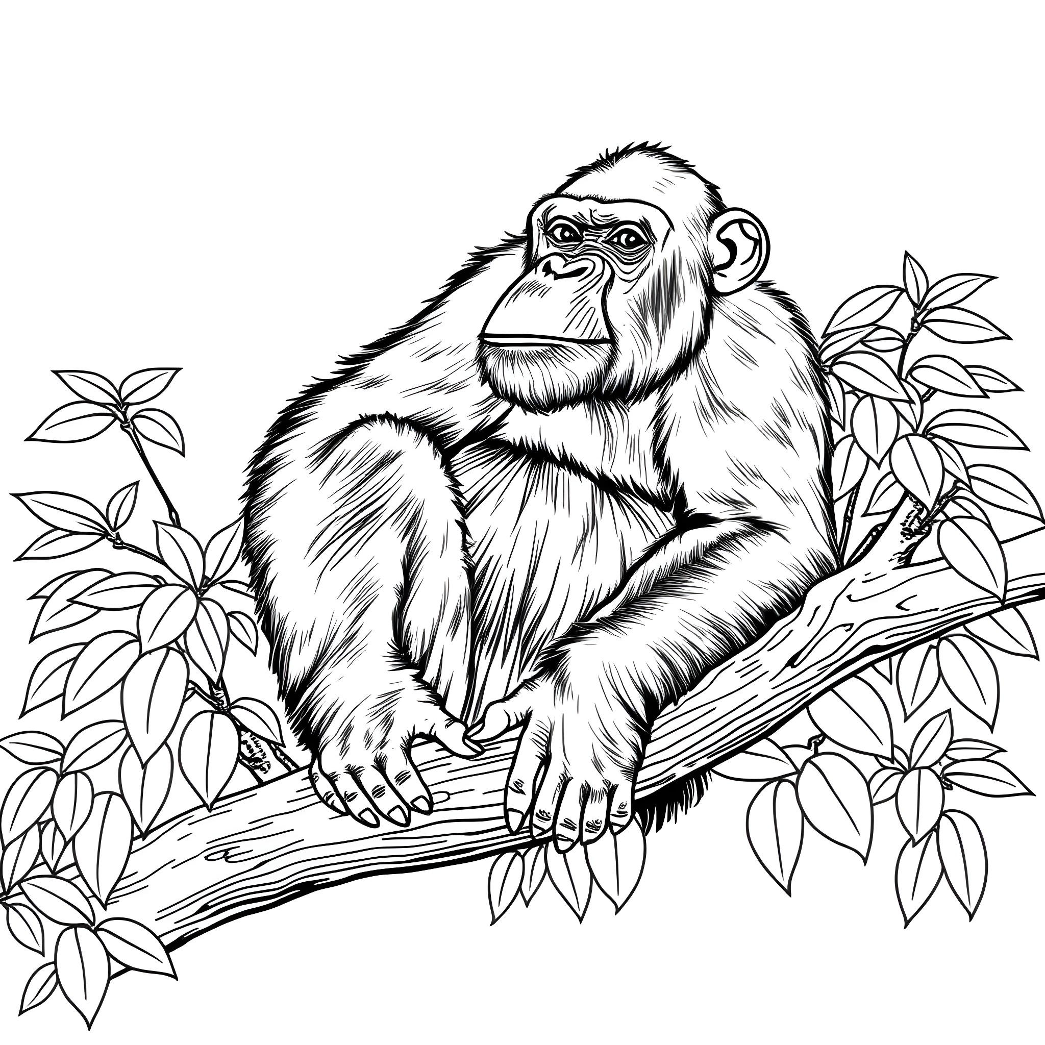 Chimpanzee sitting peacefully on a tree branch Coloring Page (free black-and-white line drawing printable PDF for all, from beginners to advanced learners, including children, teens, adults, and seniors)