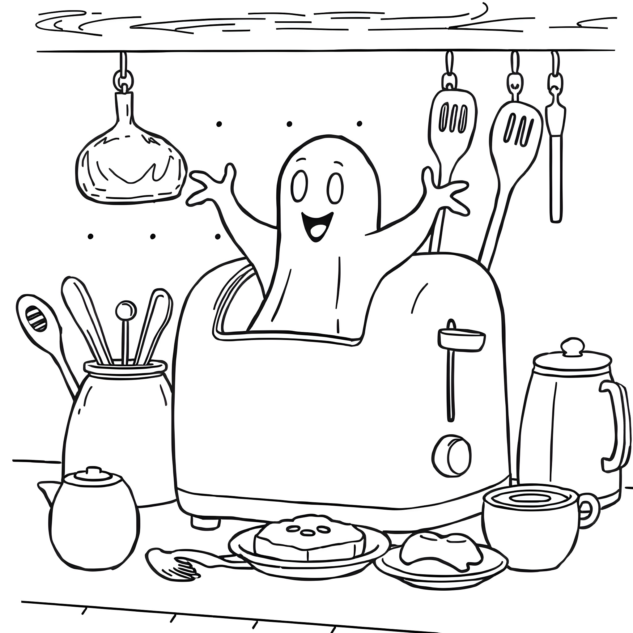 Ghost happily cooking and preparing a meal Coloring Page (free black-and-white line drawing printable PDF for all, from beginners to advanced learners, including children, teens, adults, and seniors)