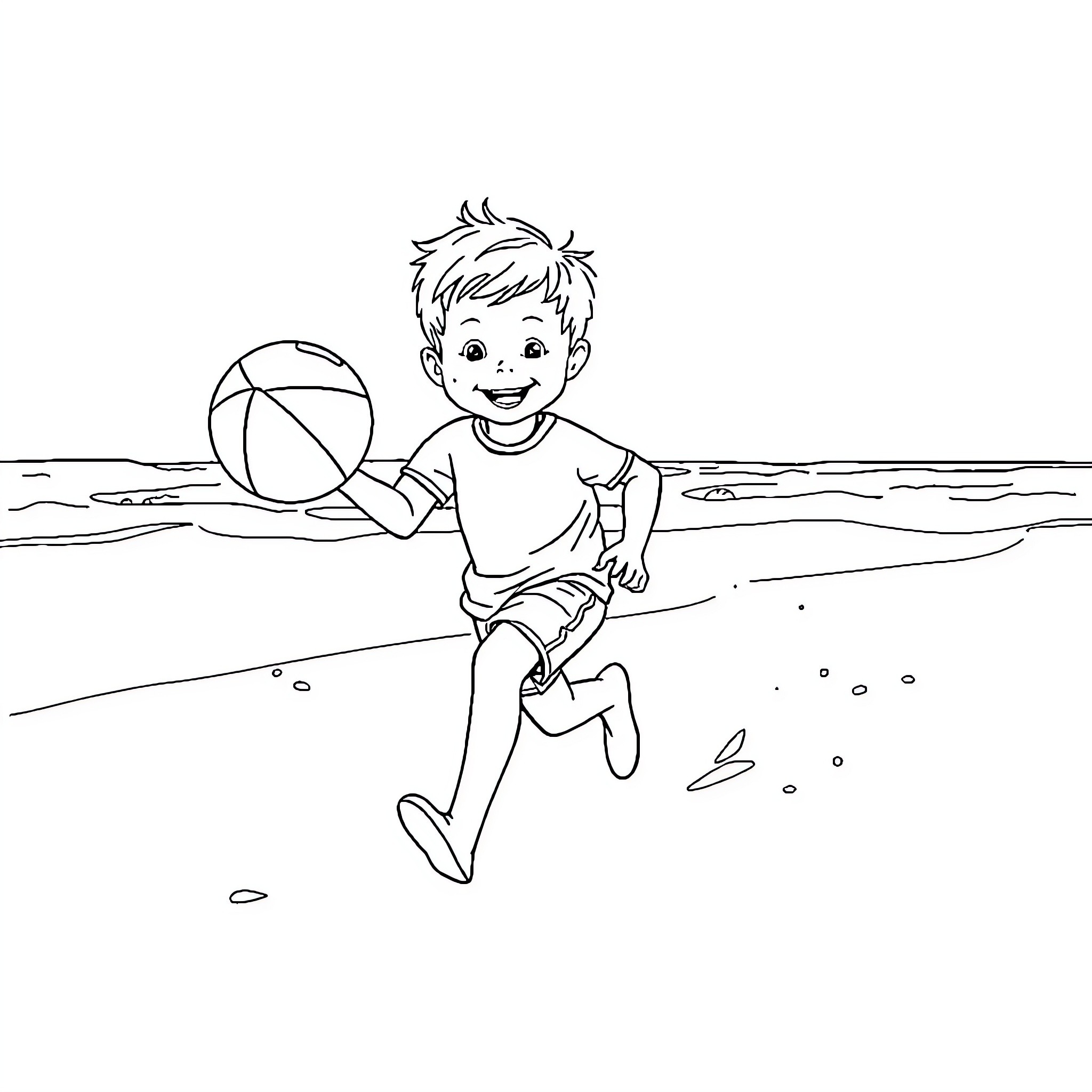 Kid playing with ball on beach Coloring Page (free black-and-white line drawing printable PDF for all, from beginners to advanced learners, including children, teens, adults, and seniors)
