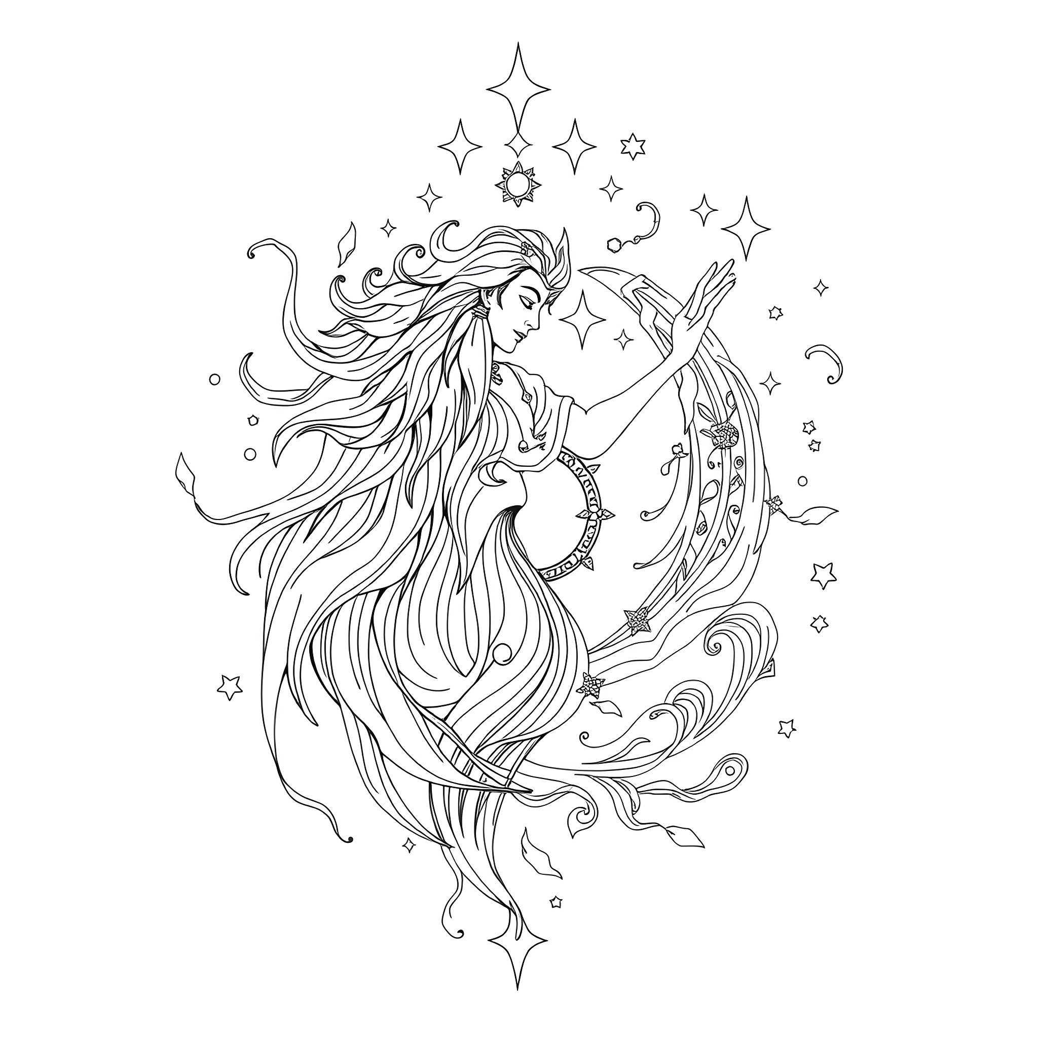 Great Spirit Dancing in the Cosmic Realm Coloring Page (free black-and-white line drawing printable PDF for all, from beginners to advanced learners, including children, teens, adults, and seniors)