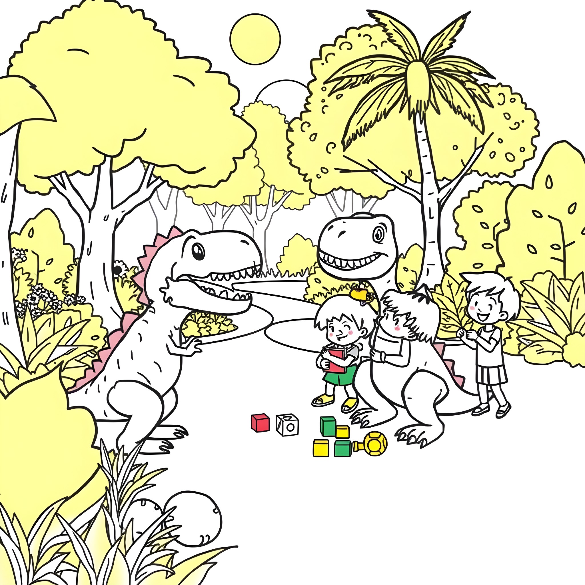 Dinosaur friends playing in a colorful jungle Coloring Page (free black-and-white line drawing printable PDF for all, from beginners to advanced learners, including children, teens, adults, and seniors)