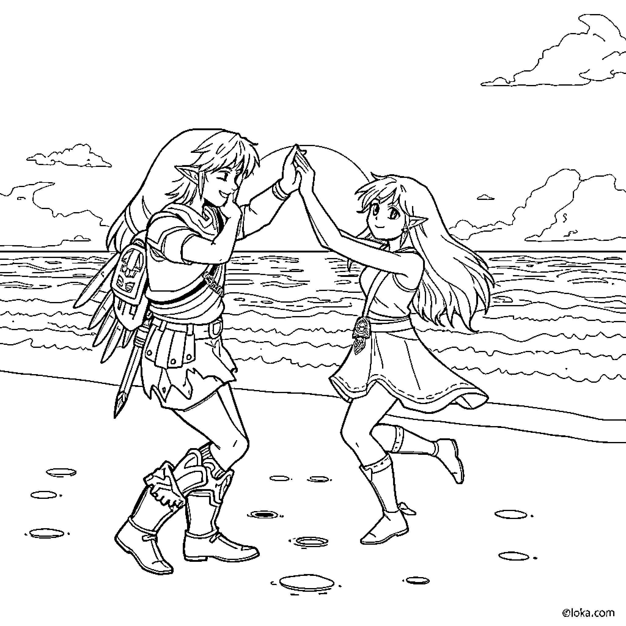 Zelda characters dancing happily on the beach Coloring Page (free black-and-white line drawing printable PDF for all, from beginners to advanced learners, including children, teens, adults, and seniors)