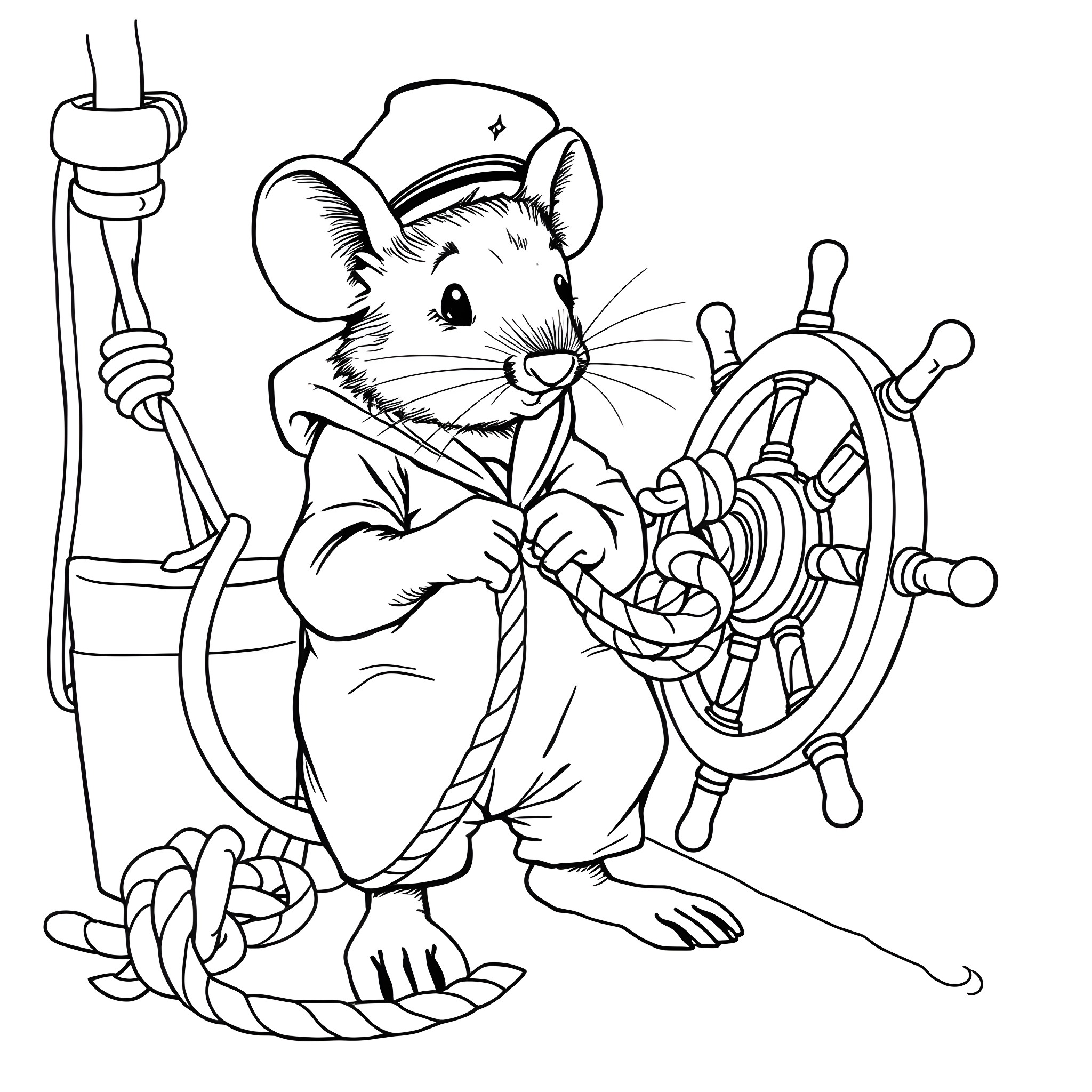 Mouse sailor steering ship wheel on high seas Coloring Page (free black-and-white line drawing printable PDF for all, from beginners to advanced learners, including children, teens, adults, and seniors)