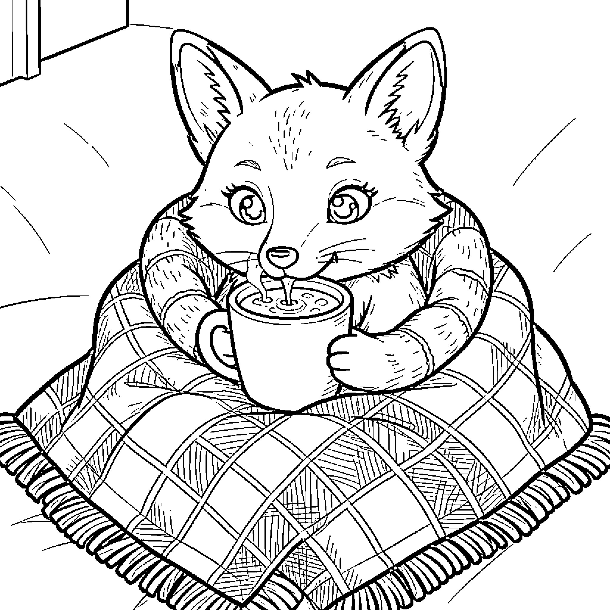 Renard Enjoying a Cozy Beverage Coloring Page (free black-and-white line drawing printable PDF for all, from beginners to advanced learners, including children, teens, adults, and seniors)