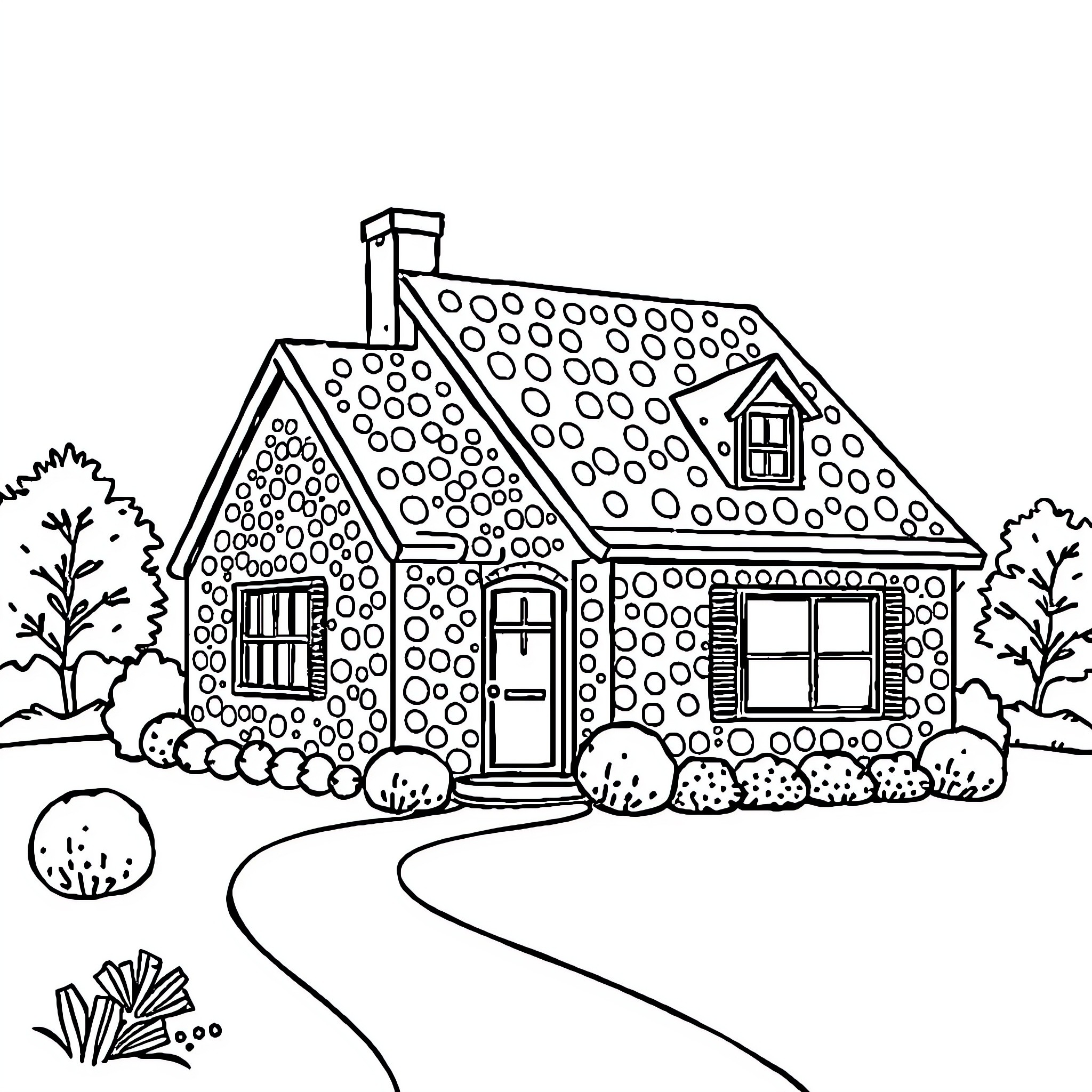 House with Decorative Exterior in a Scenic Setting Coloring Page (free black-and-white line drawing printable PDF for all, from beginners to advanced learners, including children, teens, adults, and seniors)