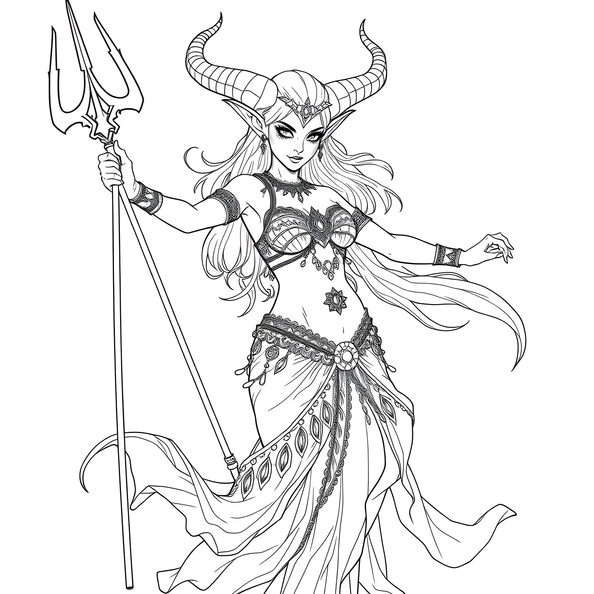 Tiefling warrior woman with horns and trident Coloring Page (free black-and-white line drawing printable PDF for all, from beginners to advanced learners, including children, teens, adults, and seniors)