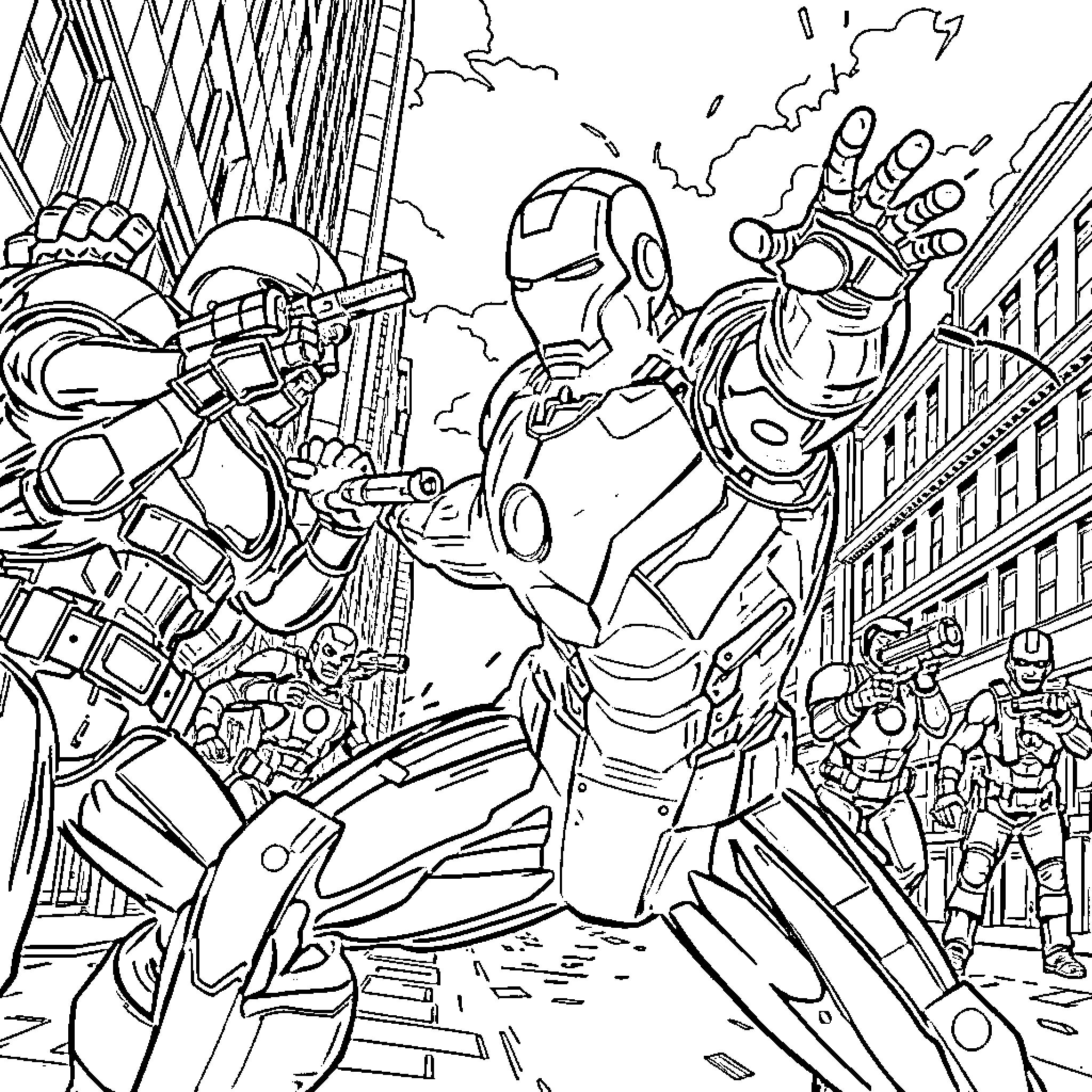 Iron Man Heroic Action in the City Coloring Page (free black-and-white line drawing printable PDF for all, from beginners to advanced learners, including children, teens, adults, and seniors)