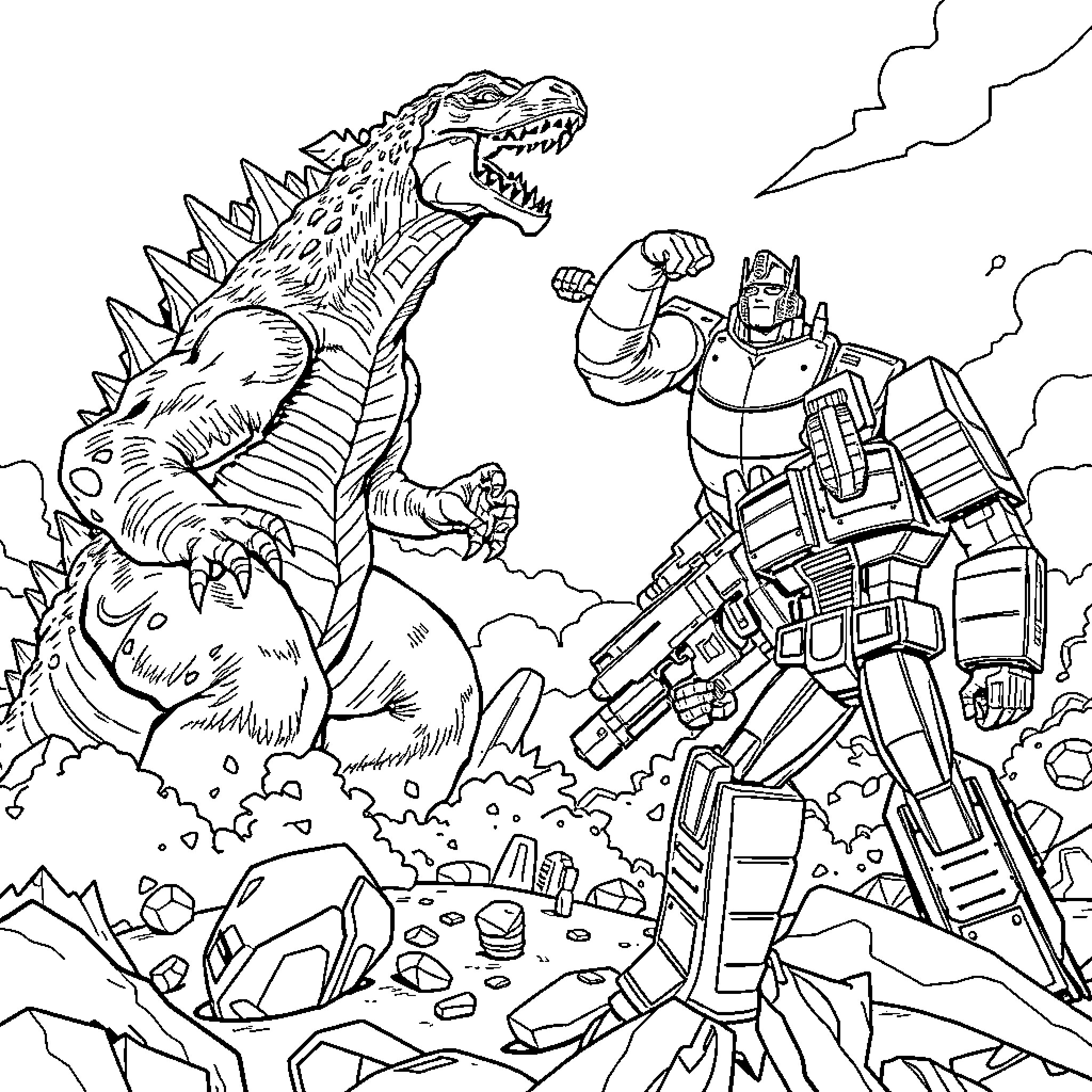 Godzilla battling a giant robot in a destroyed city Coloring Page (free black-and-white line drawing printable PDF for all, from beginners to advanced learners, including children, teens, adults, and seniors)