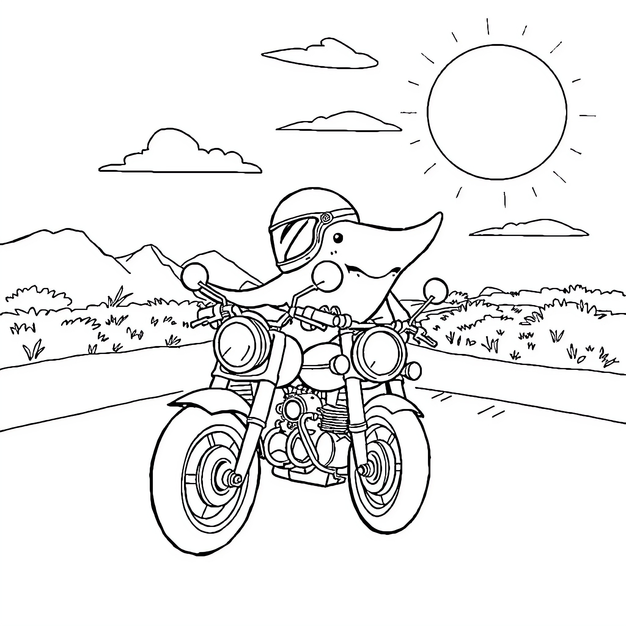 Stingray riding motorcycle through scenic landscape Coloring Page (free black-and-white line drawing printable PDF for all, from beginners to advanced learners, including children, teens, adults, and seniors)