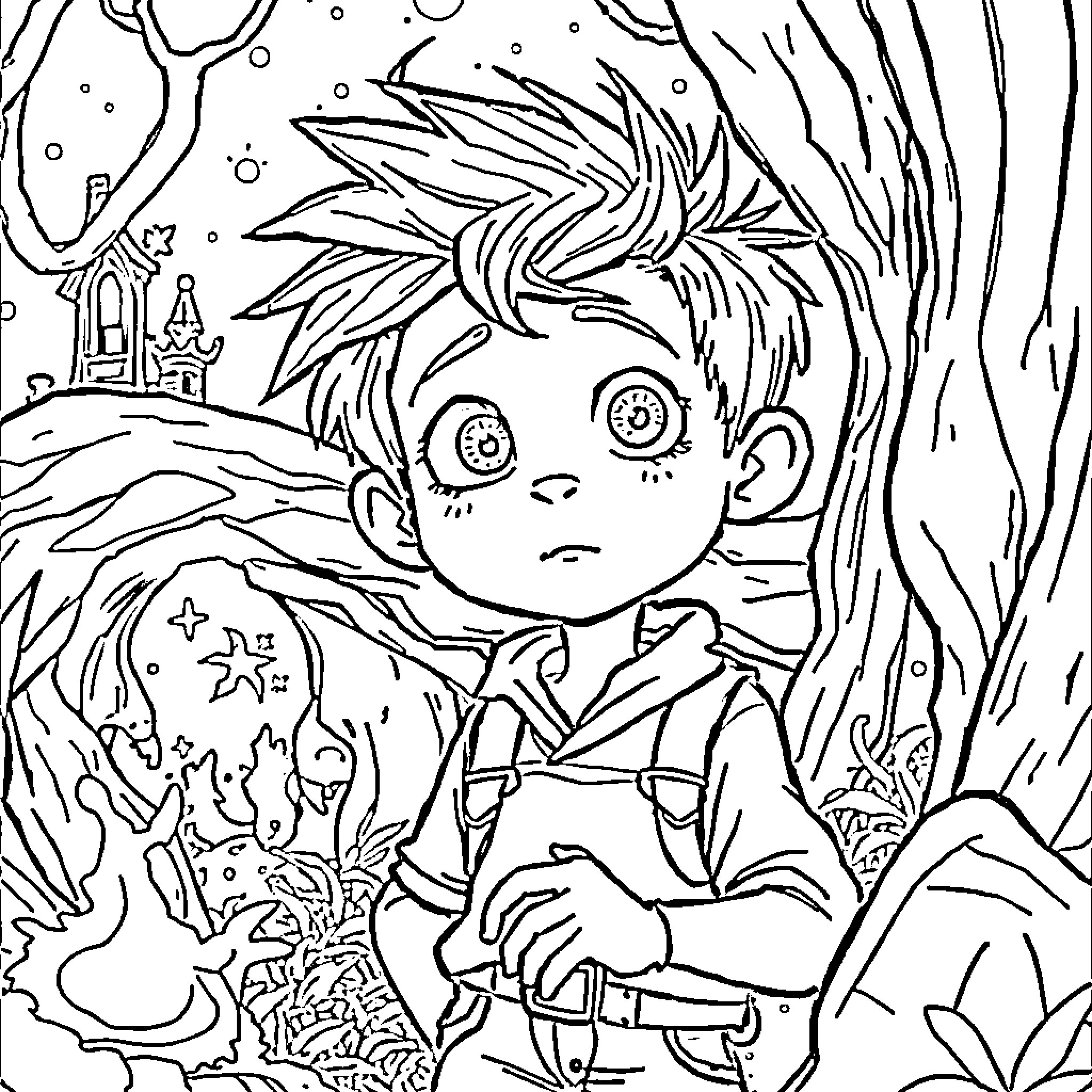 Arnold's Whimsical Adventure in Enchanted Forest Coloring Page (free black-and-white line drawing printable PDF for all, from beginners to advanced learners, including children, teens, adults, and seniors)