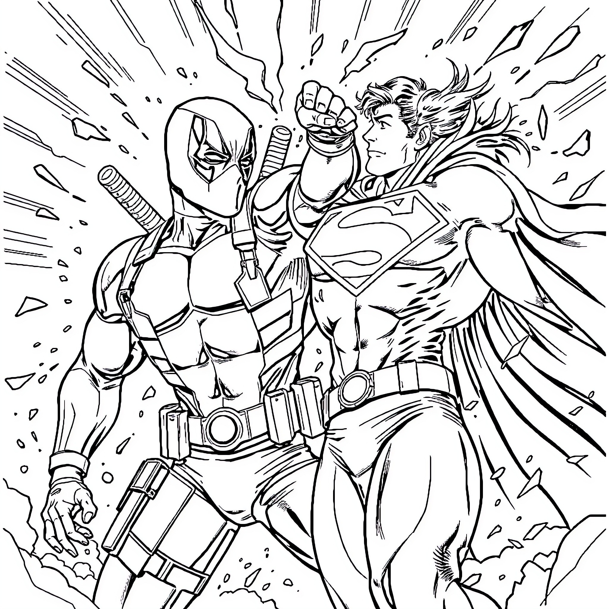 Deadpool and Superman's Explosive Clash Coloring Page (free black-and-white line drawing printable PDF for all, from beginners to advanced learners, including children, teens, adults, and seniors)