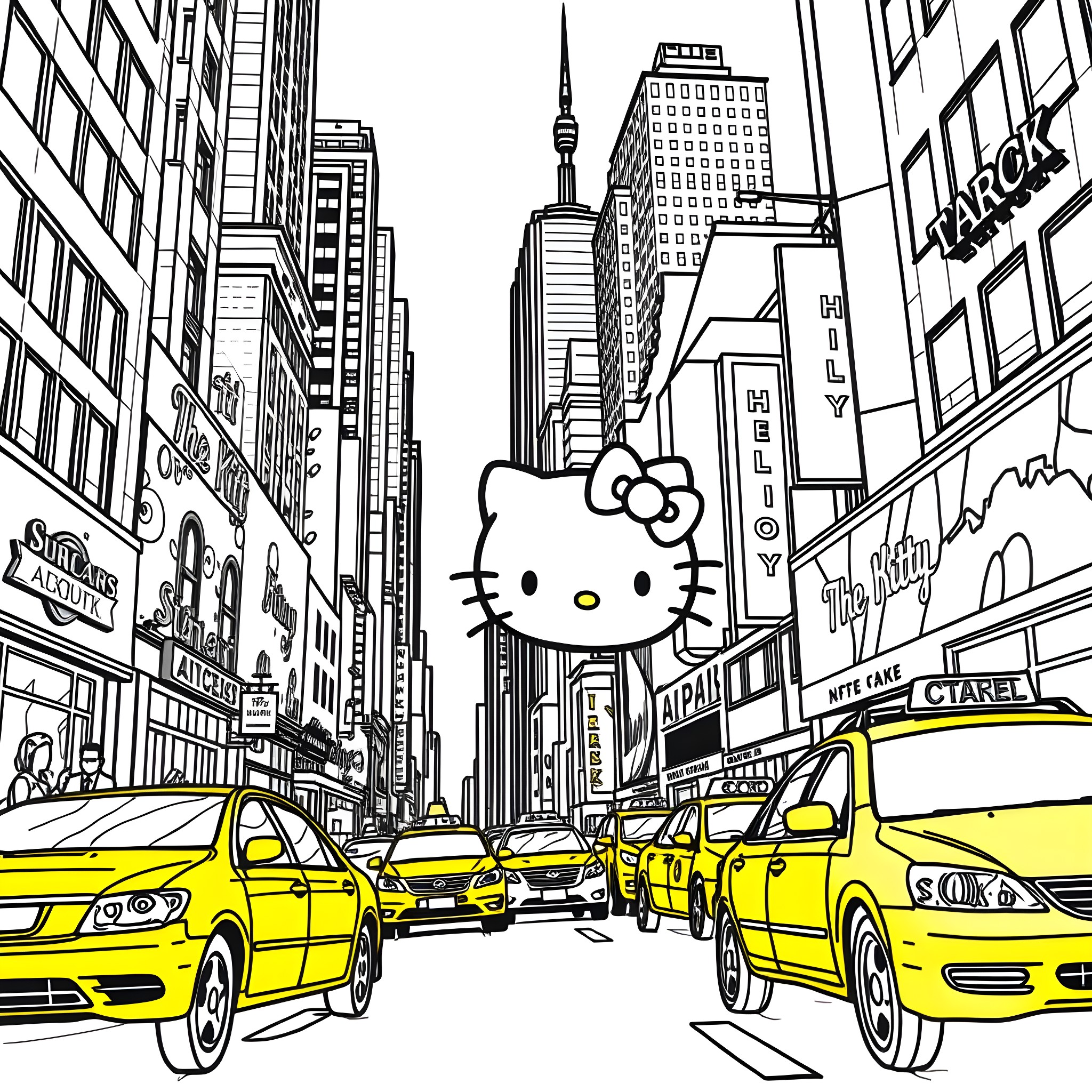 Hello Kitty in the bustling city streets Coloring Page (free black-and-white line drawing printable PDF for all, from beginners to advanced learners, including children, teens, adults, and seniors)