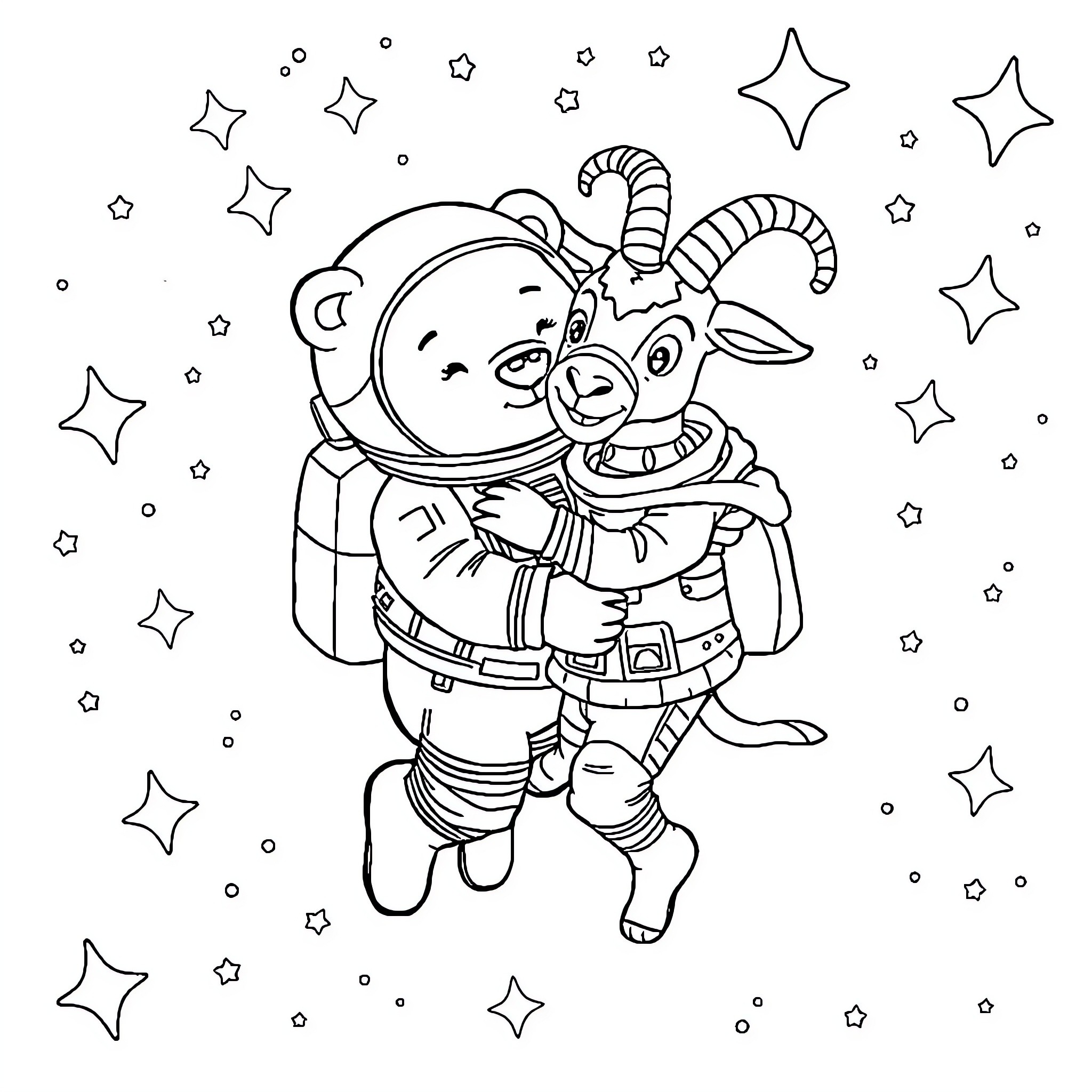 Polar Bear and Goat Astronauts Exploring the Cosmos Coloring Page (free black-and-white line drawing printable PDF for all, from beginners to advanced learners, including children, teens, adults, and seniors)