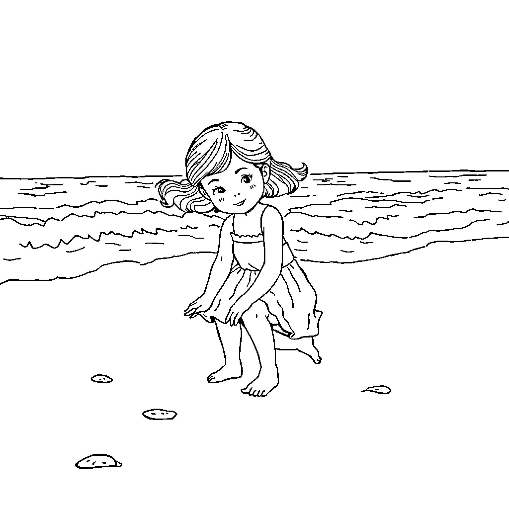 Girl playing in the waves at the beach Coloring Page (free black-and-white line drawing printable PDF for all, from beginners to advanced learners, including children, teens, adults, and seniors)