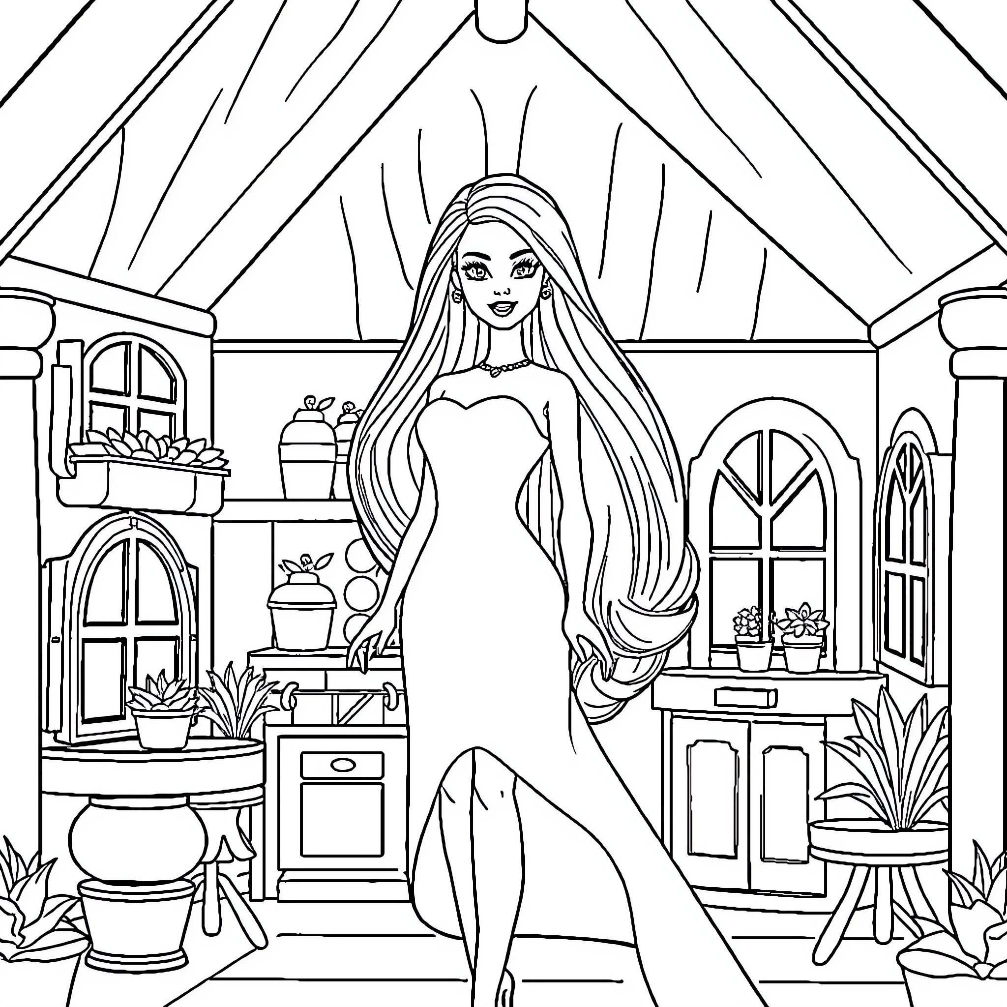 Barbie posing confidently in a cozy home interior Coloring Page (free black-and-white line drawing printable PDF for all, from beginners to advanced learners, including children, teens, adults, and seniors)
