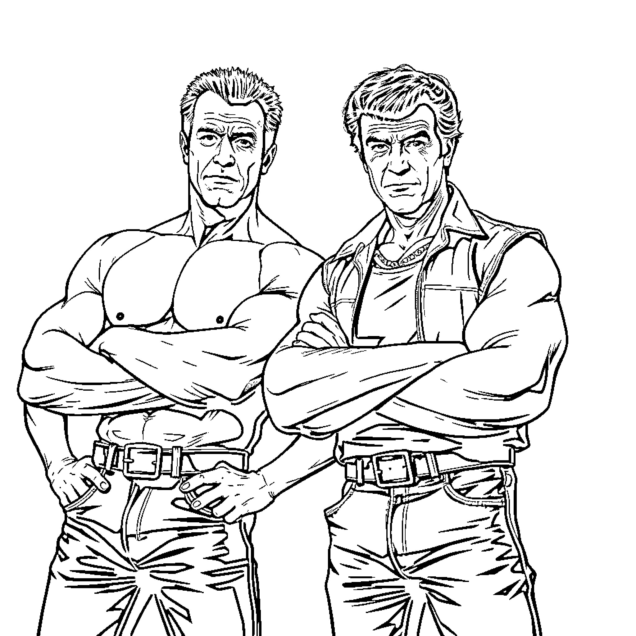 Arnold Schwarzenegger in Action Hero Poses Coloring Page (free black-and-white line drawing printable PDF for all, from beginners to advanced learners, including children, teens, adults, and seniors)