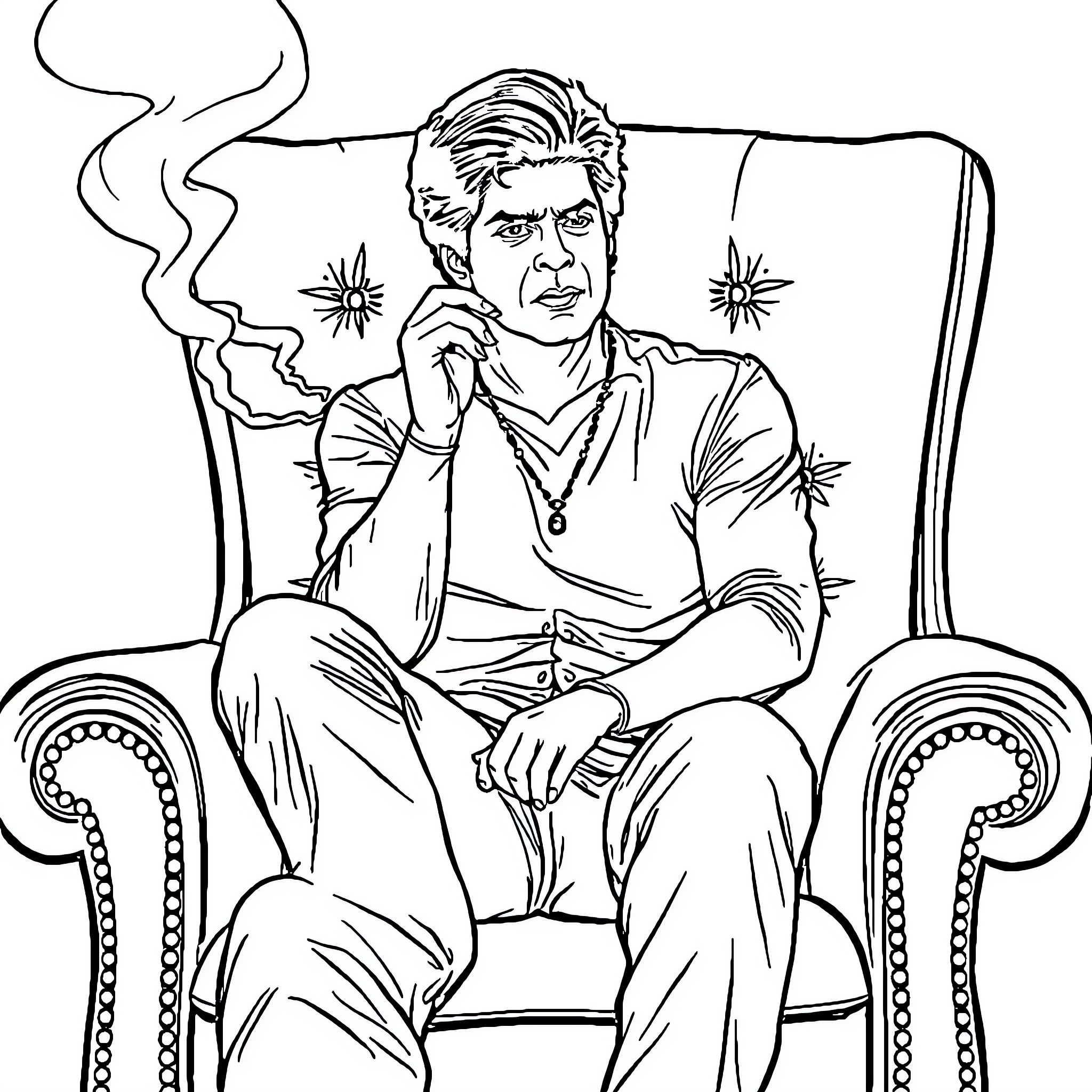Sharukh Khan in a pensive and thoughtful pose Coloring Page (free black-and-white line drawing printable PDF for all, from beginners to advanced learners, including children, teens, adults, and seniors)
