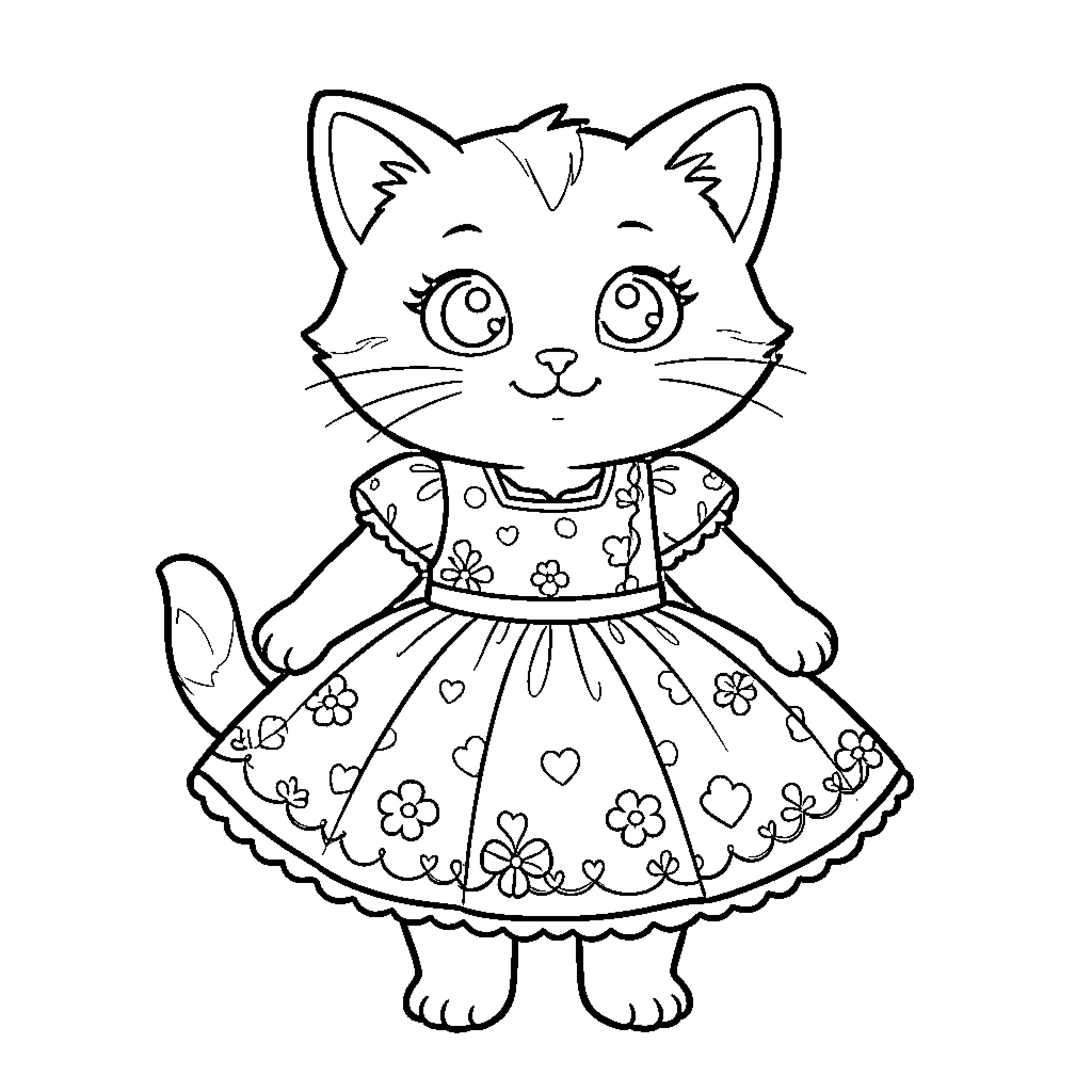 Kitten in a Flowery Dress Coloring Page (free black-and-white line drawing printable PDF for all, from beginners to advanced learners, including children, teens, adults, and seniors)