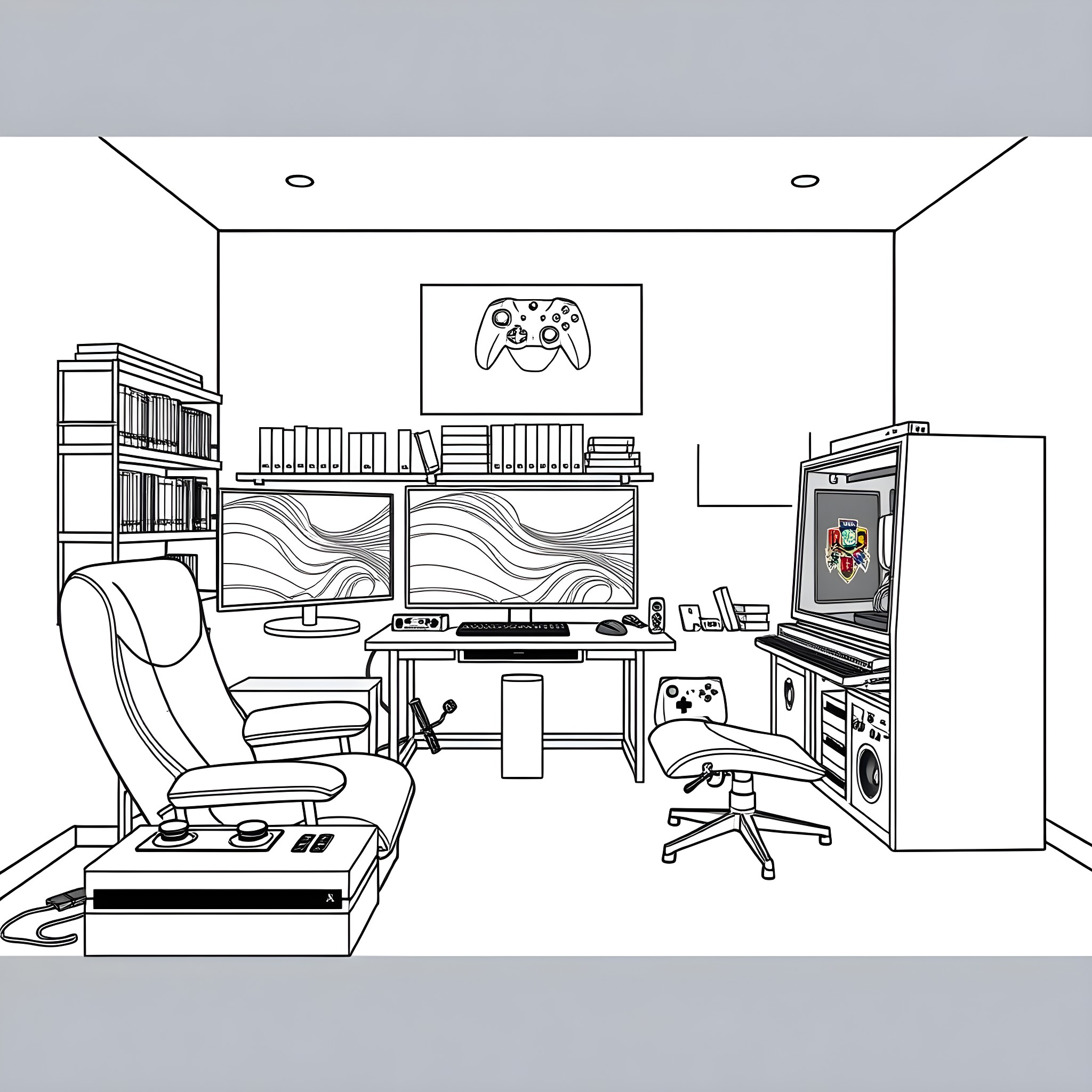 Gaming Console Setup with Gaming Gear Coloring Page (free black-and-white line drawing printable PDF for all, from beginners to advanced learners, including children, teens, adults, and seniors)
