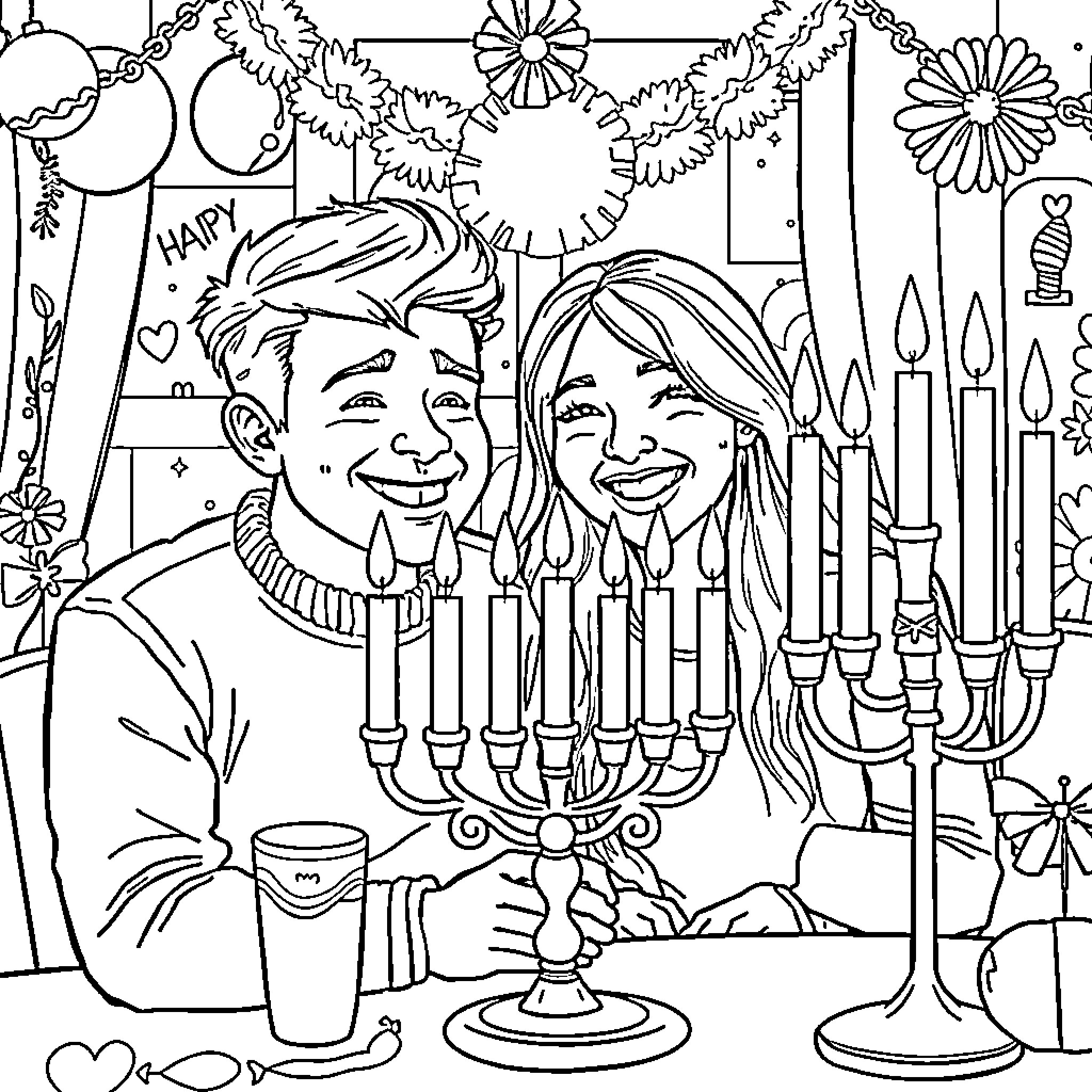 Hanukkah celebration with happy couple Coloring Page (free black-and-white line drawing printable PDF for all, from beginners to advanced learners, including children, teens, adults, and seniors)