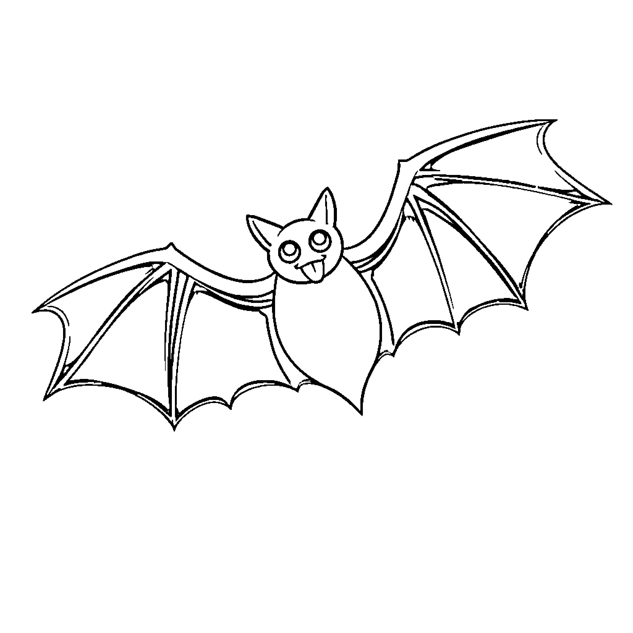 Bat flying joyfully with outstretched wings Coloring Page (free black-and-white line drawing printable PDF for all, from beginners to advanced learners, including children, teens, adults, and seniors)
