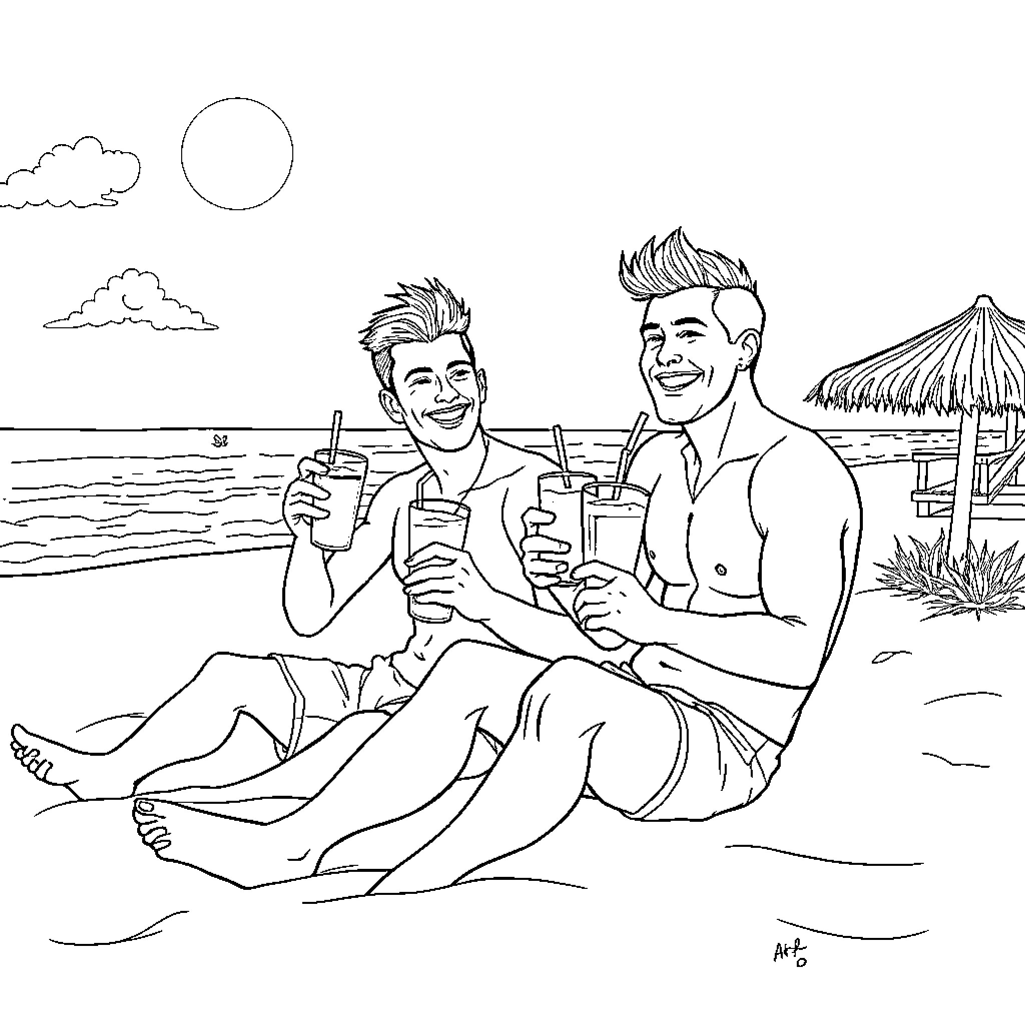 Couple relaxing and enjoying drinks on the beach Coloring Page (free black-and-white line drawing printable PDF for all, from beginners to advanced learners, including children, teens, adults, and seniors)